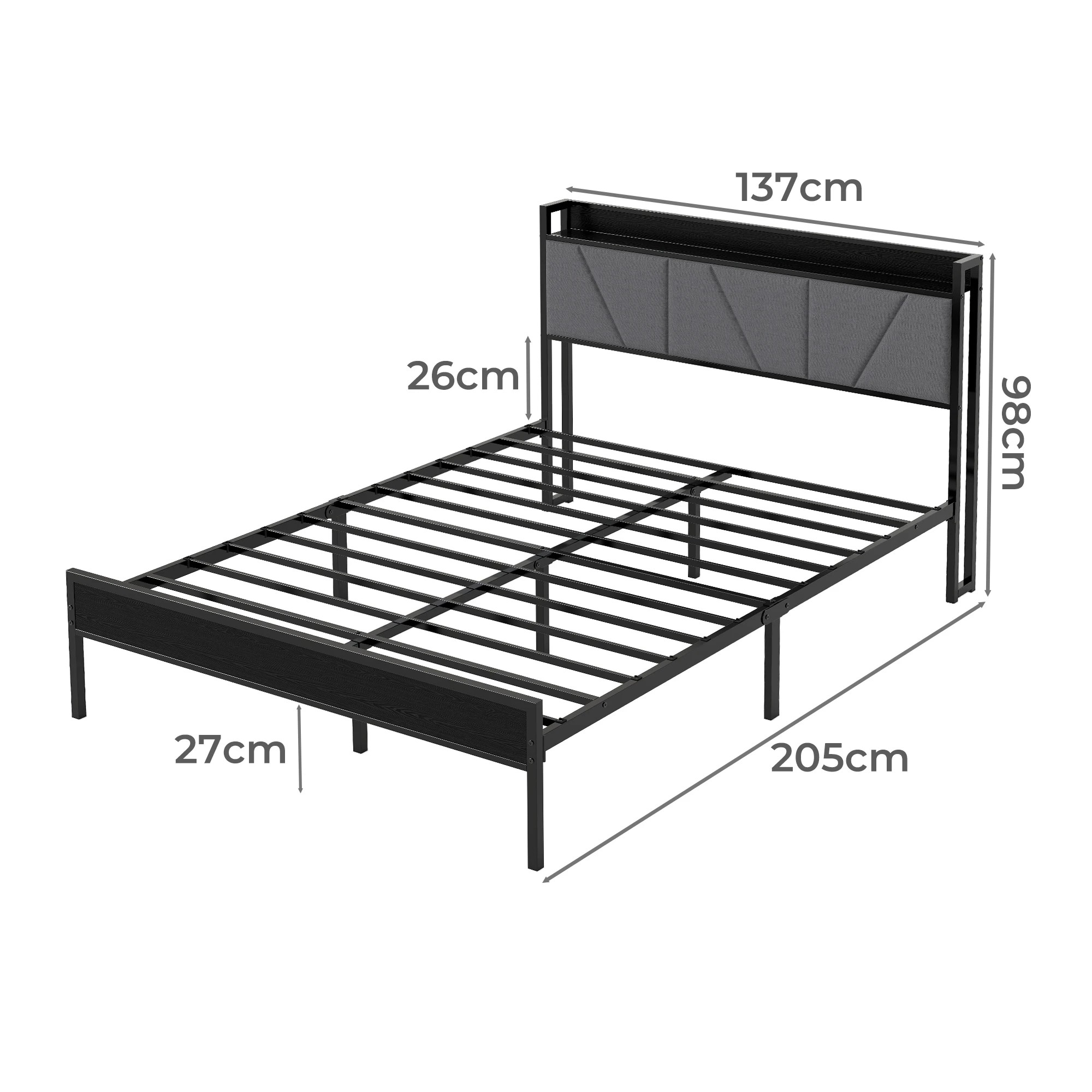 3 Levede Double Bed Frame with Storage Headboard and Charging Station - Grey, 3 of 9