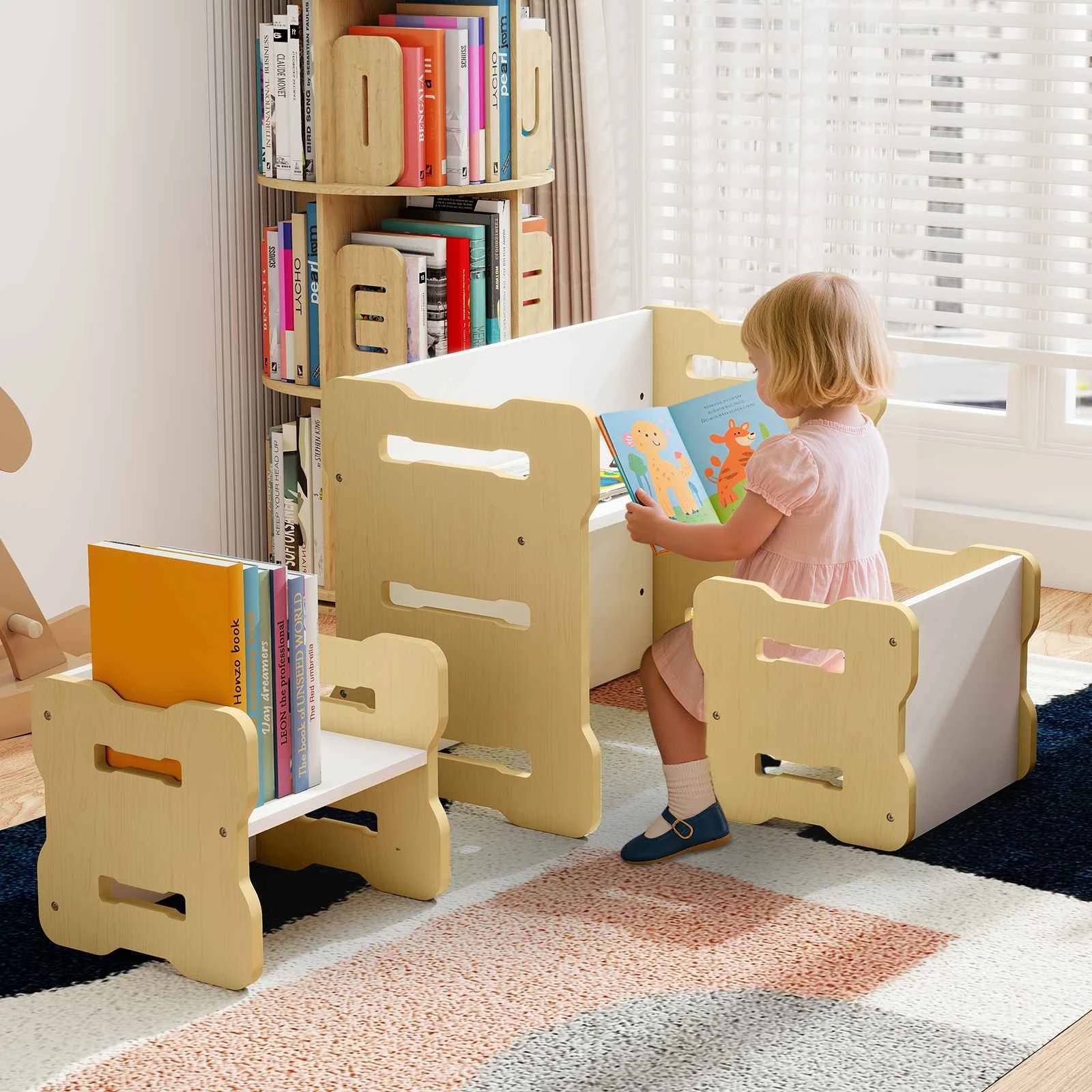 4 Costway 3Pcs Activity Table Chairs Set Convertible Study Play Desk & Stools - Natural, 4 of 4
