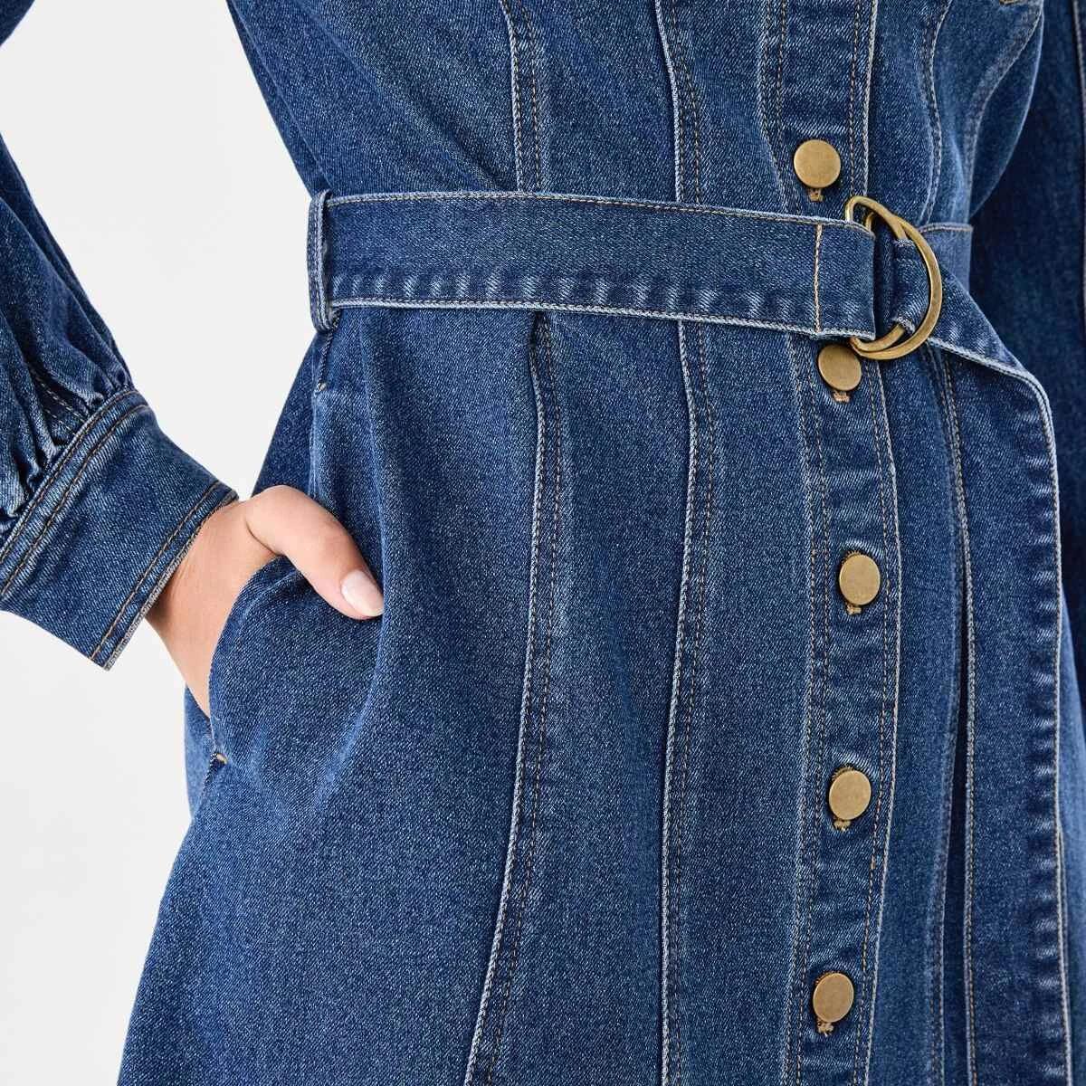 6 Long Sleeve Belted Denim Mini Dress Mid Wash, 6 of 7
