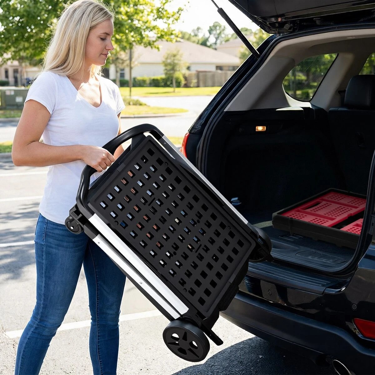 3 AUSWAY Folding Shopping Cart Trolley Hand Truck 2 Baskets Utility Luggage, 3 of 5