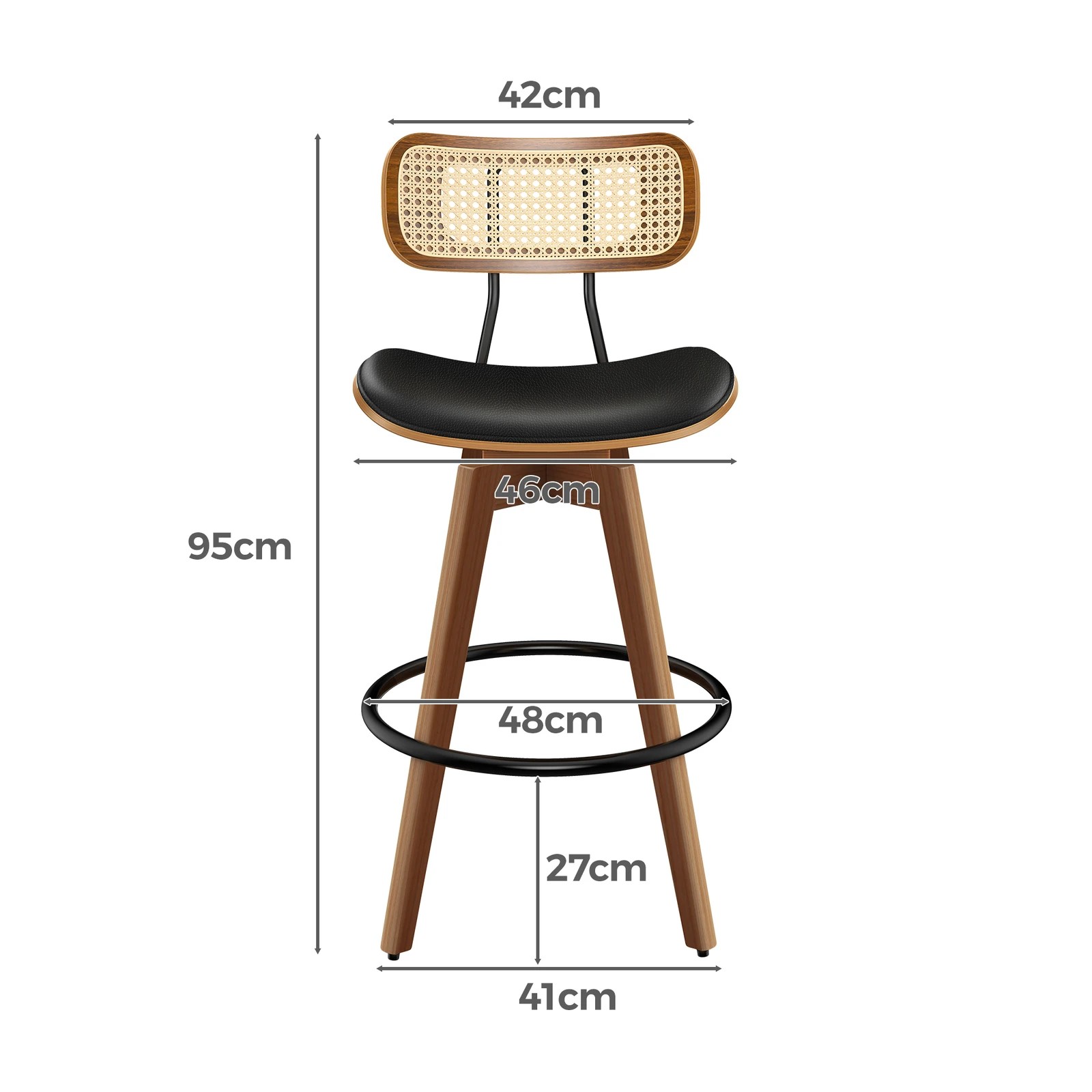 6 Alfordson 2x Bar Stools Kitchen Vintage Leather Seat Rattan Chair - Black, 6 of 9