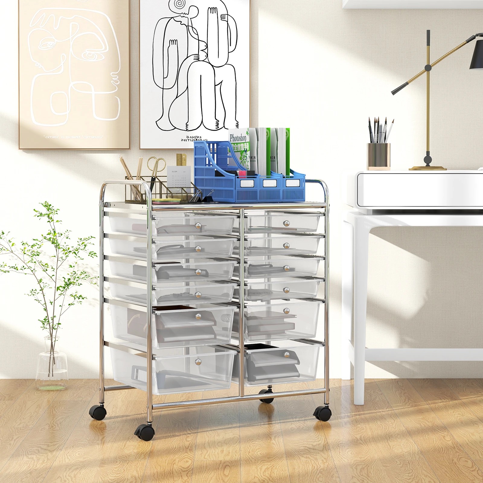 2 Costway 12 Drawers Rolling Storage Trolley Cart Filing Organizer - Clear, 2 of 3