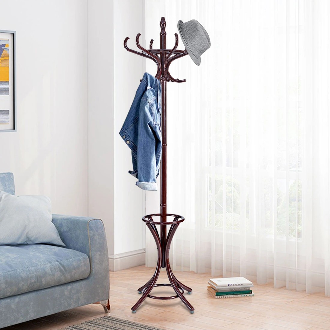 2 Costway 12 Hook Wood Coat & Hat Rack Clothes Stand Storage Tree Shelf, 2 of 10