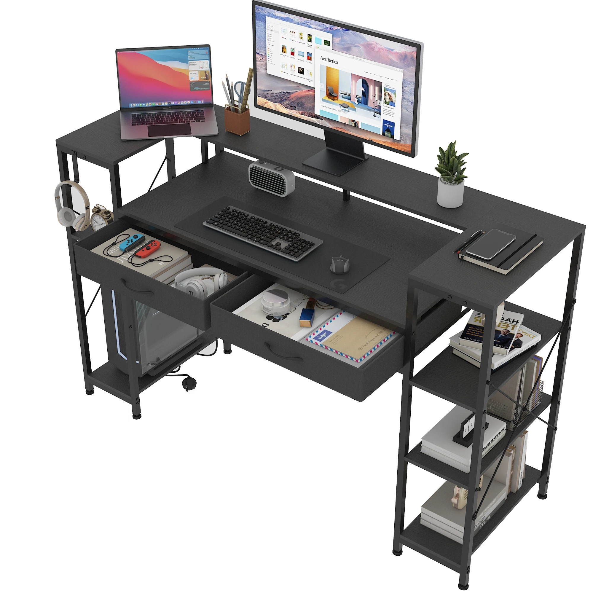 9 Advwin LED Gaming Desk w/ Monitor Stand & Power Outlets  Computer Table w/ Shelf hook - Black, 9 of 9