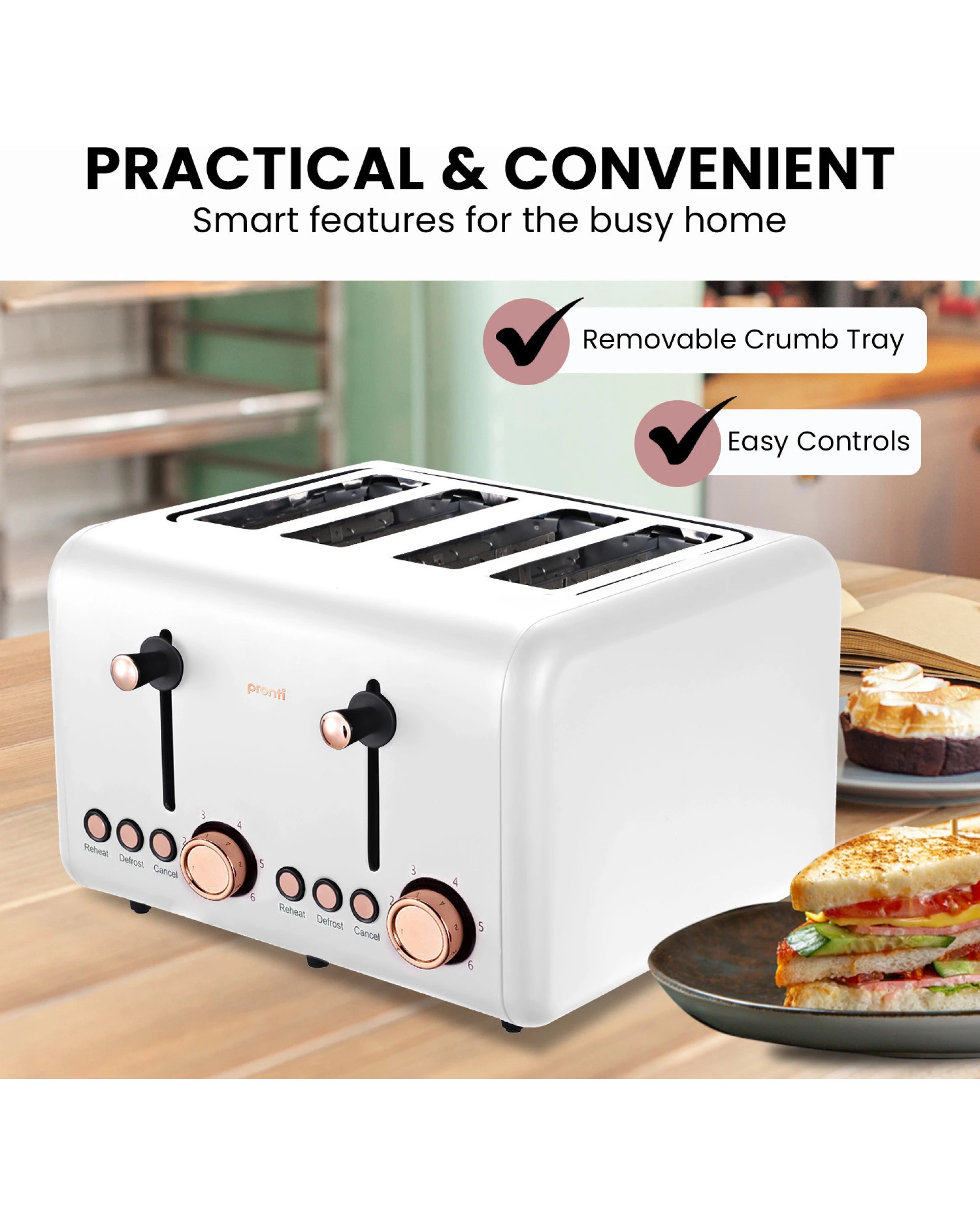 6 Pronti 4 Slice Toaster Rose Trim Collection - White, 6 of 9