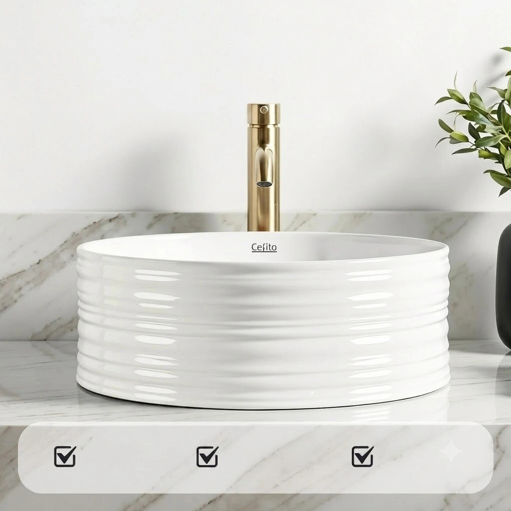 9 Cefito Bathroom Basin Vanity Sink Vessel Ceramic White Round Countertop 36cm - White, 9 of 9