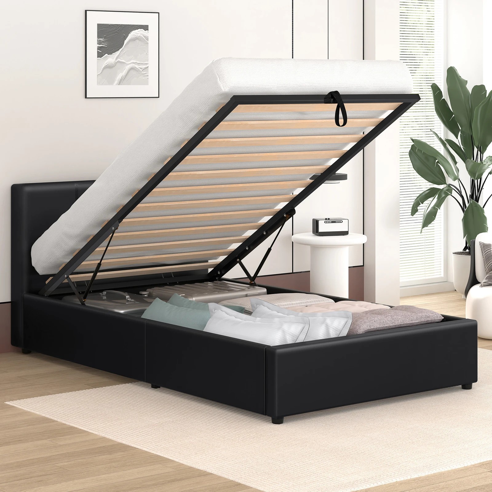 4 Alfordson Bed Frame Single Size Gas Lift Storage Base Leather Tricia - Black, 4 of 10