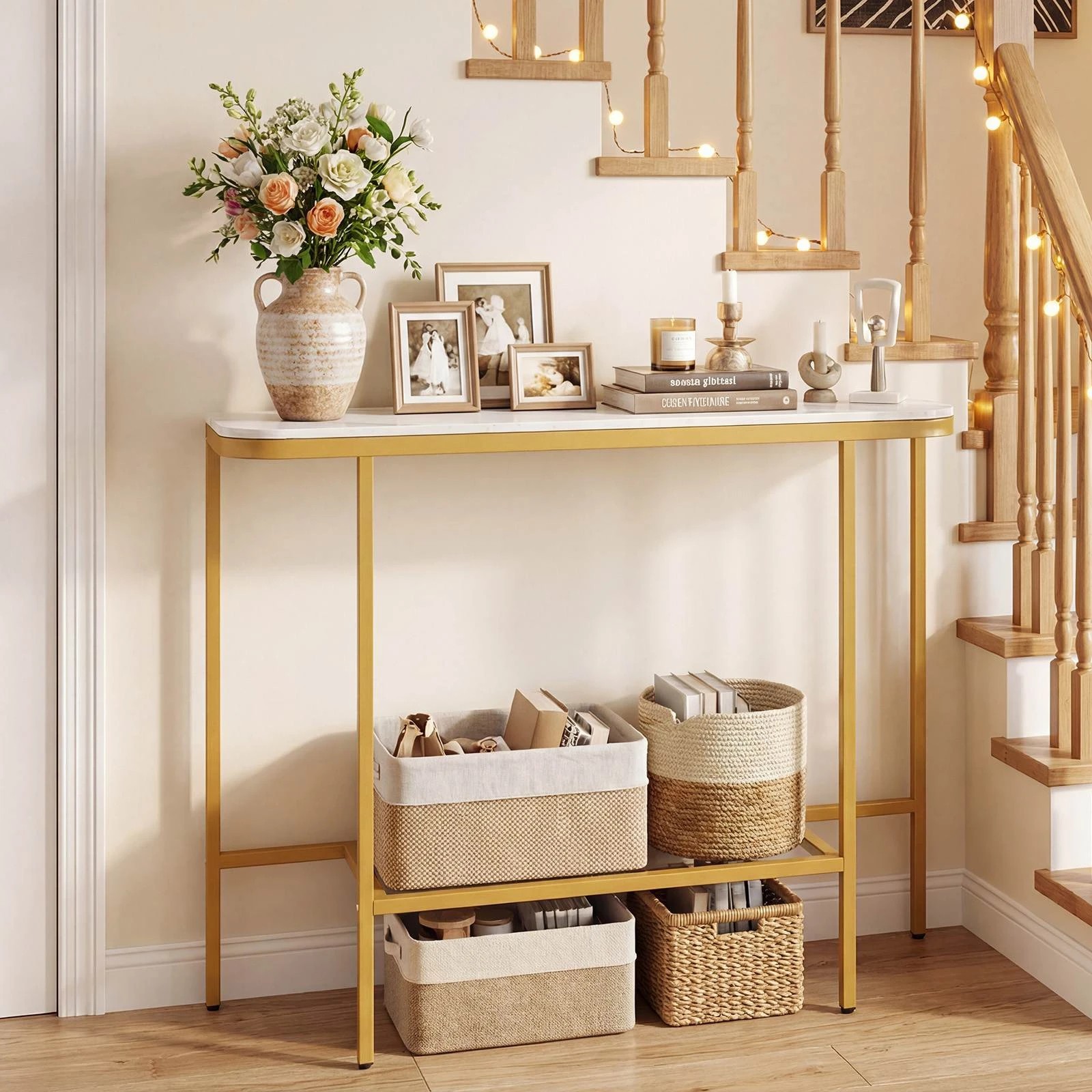 2 Costway Porch Console Table Sofa Side Table Hallway Table w/Gold Metal Frame, 2 of 5