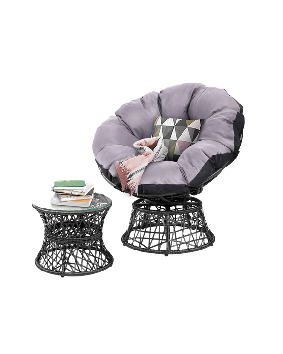 Gardeon Outdoor Lounge Setting Papasan Chair Wicker Table Garden Furniture - Black