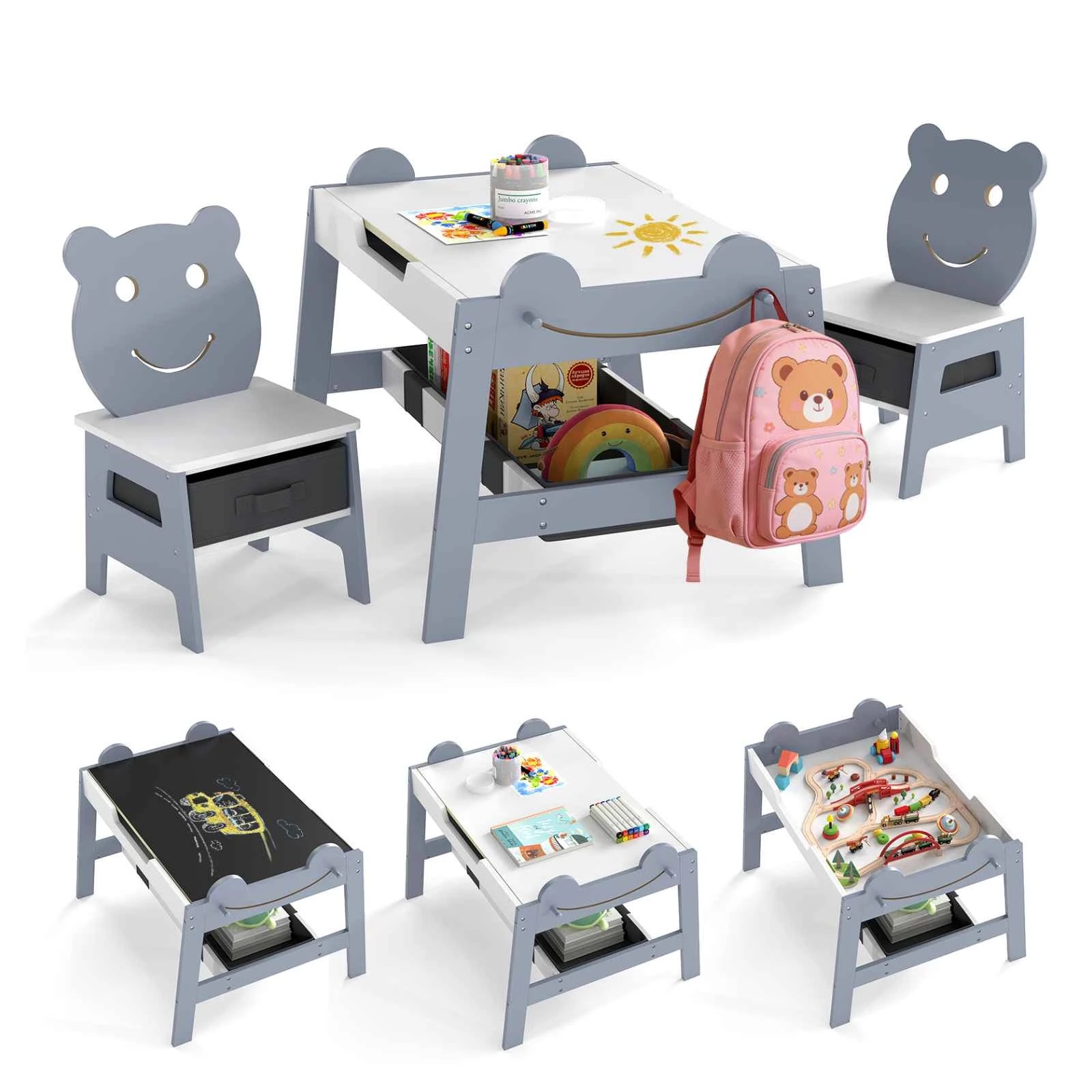1 Costway Table Chairs Set Wooden Activity Furniture Detachable Double-sided Chalkboard Whiteboard - Grey, 1 of 3