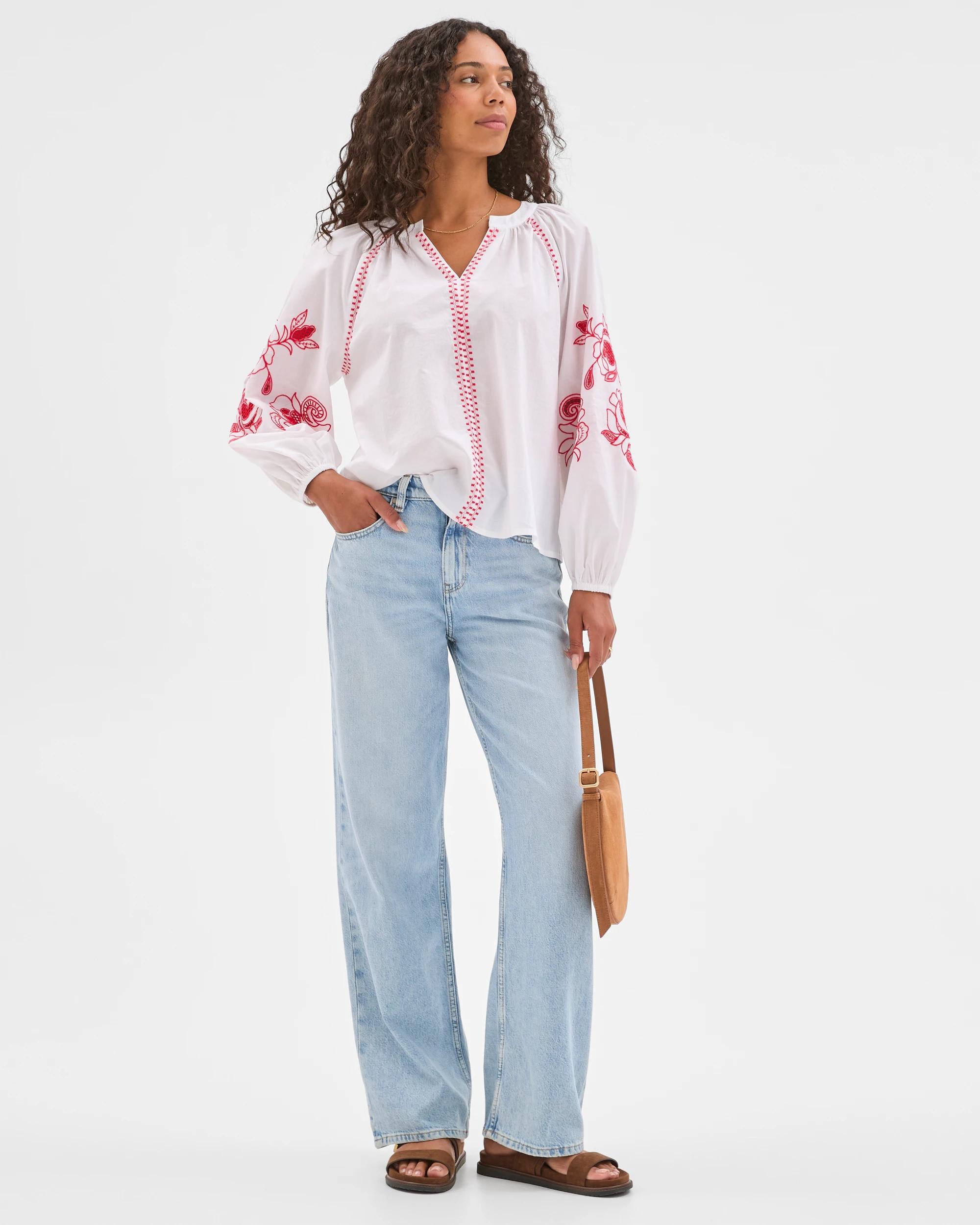 1 Target Woman Long Sleeve Embroidered Stitch Blouse WHITE, 1 of 7