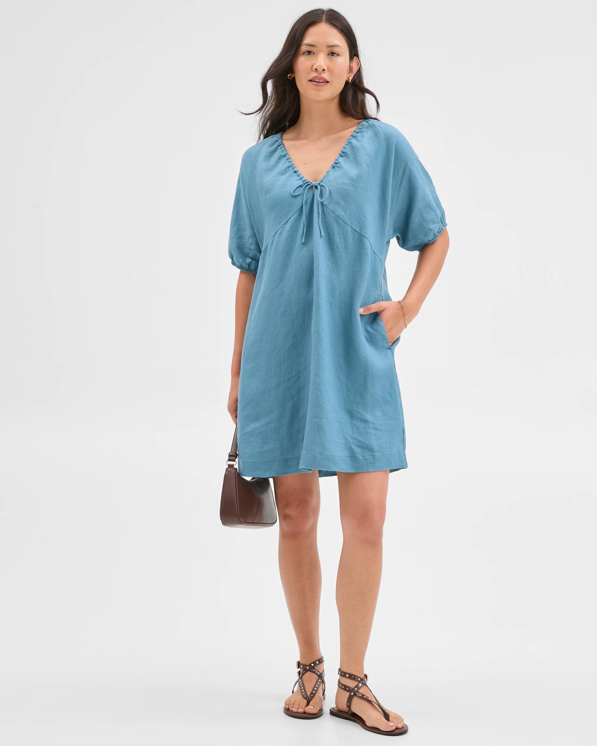 1 Target Woman European Linen Tie Mini Dress SEA TEAL, 1 of 5
