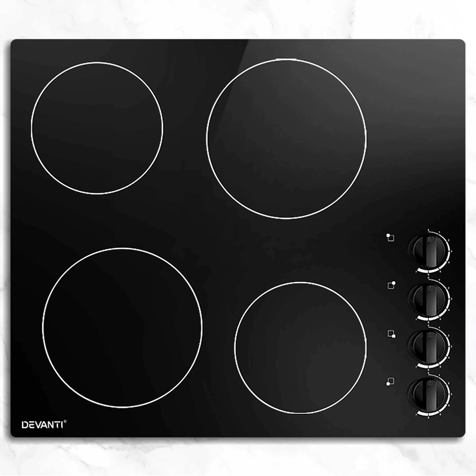 1 Devanti 60cm Electric Ceramic Cooktop 4 Zone Knob Control 8 Step Heat Timer Safety Lock Overheat Protection - Black, 1 of 6