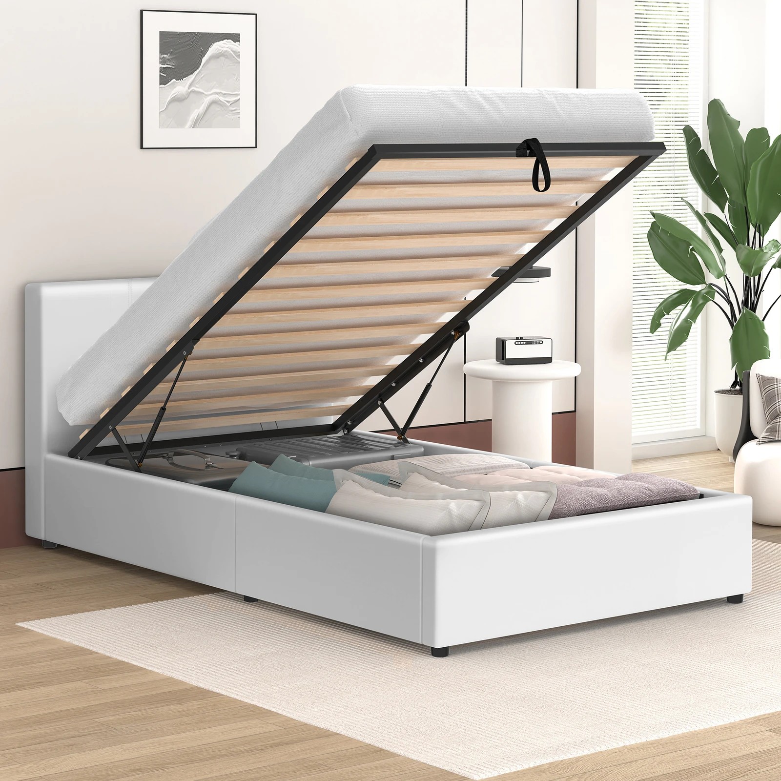 4 Alfordson Bed Frame Single Size Gas Lift Storage Base Leather Tricia - White, 4 of 10