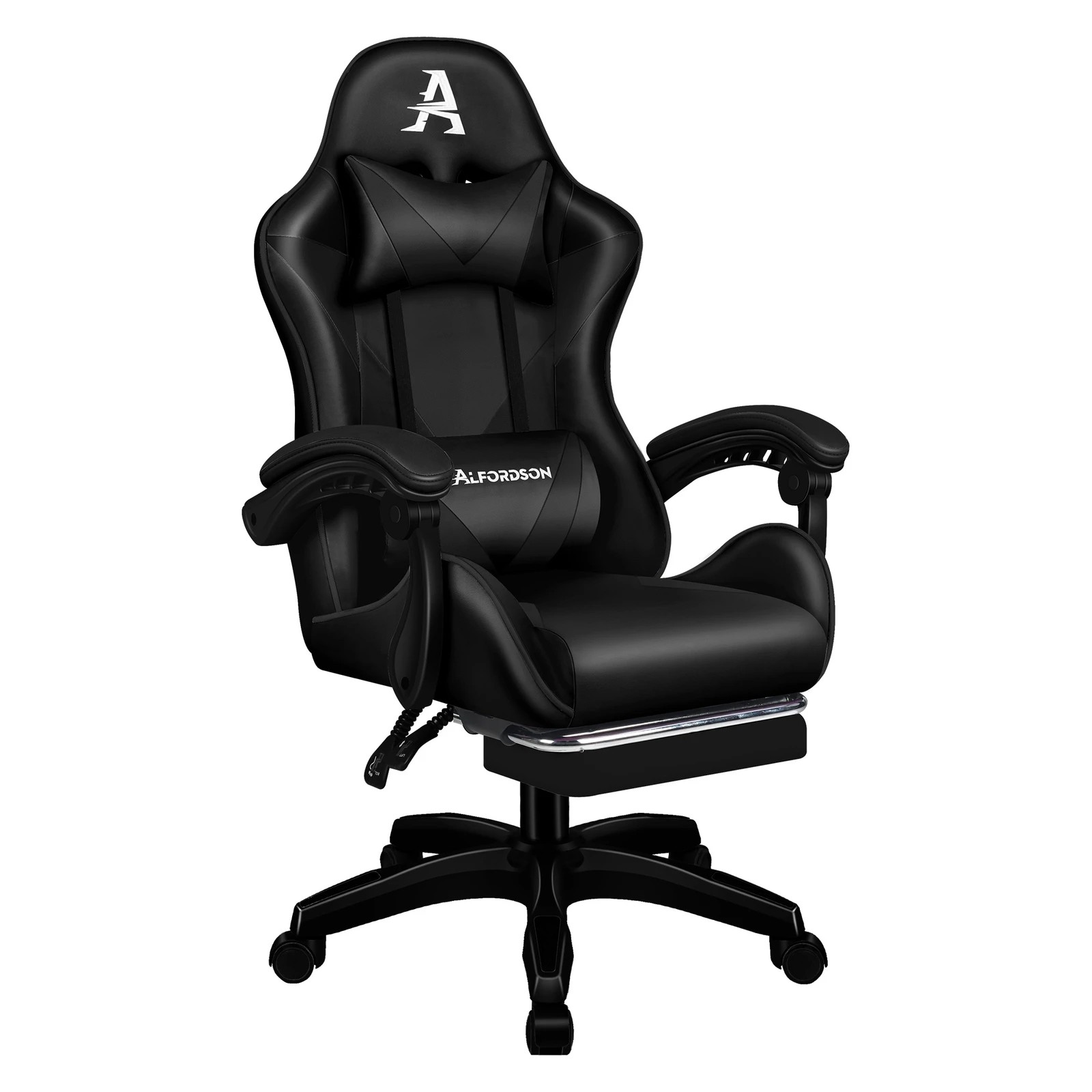 10 Alfordson Gaming Office Chair Massage Computer Footrest Seat Leather - All Black, 10 of 10