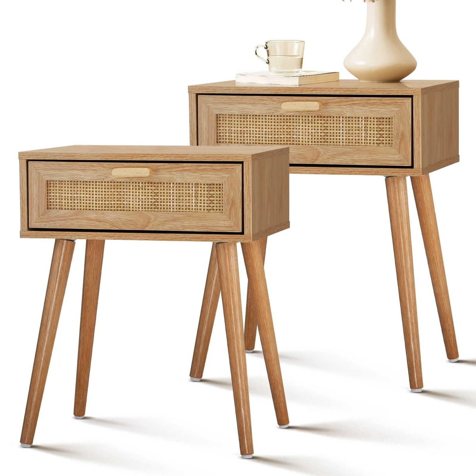 3 Oikiture Bedside Tables Set of 2 Side Table Storage Cabinet Nightstand Rattan - Natural, 3 of 4