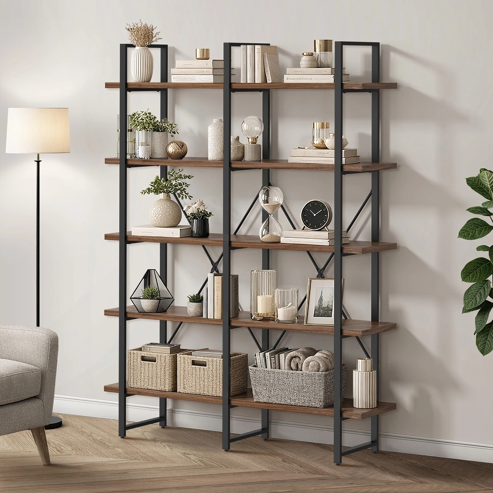 3 Oikiture 5 Tier Display Shelf Stand Bookshelf Metal Rack Industrial 1.35m - Brown, 3 of 9