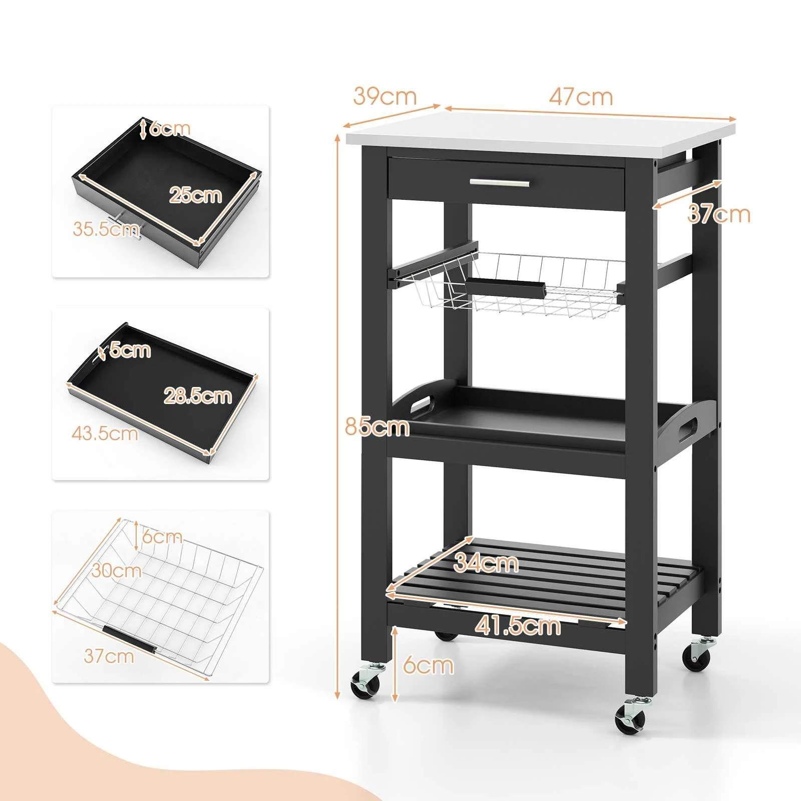2 Costway 5-Tier Kitchen Storage Cart Serving Trolley w/Stainless Steel Tabletop - Black, 2 of 4