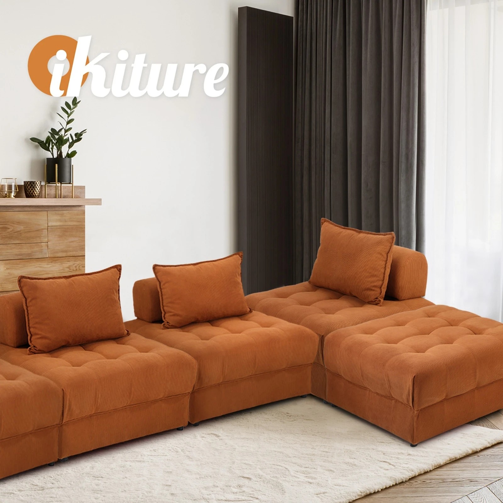 3 Oikiture 3 Seater Velvet Modular Sofa & Ottoman Set Armless Tofu Back
 - Brown - Brown, 3 of 10