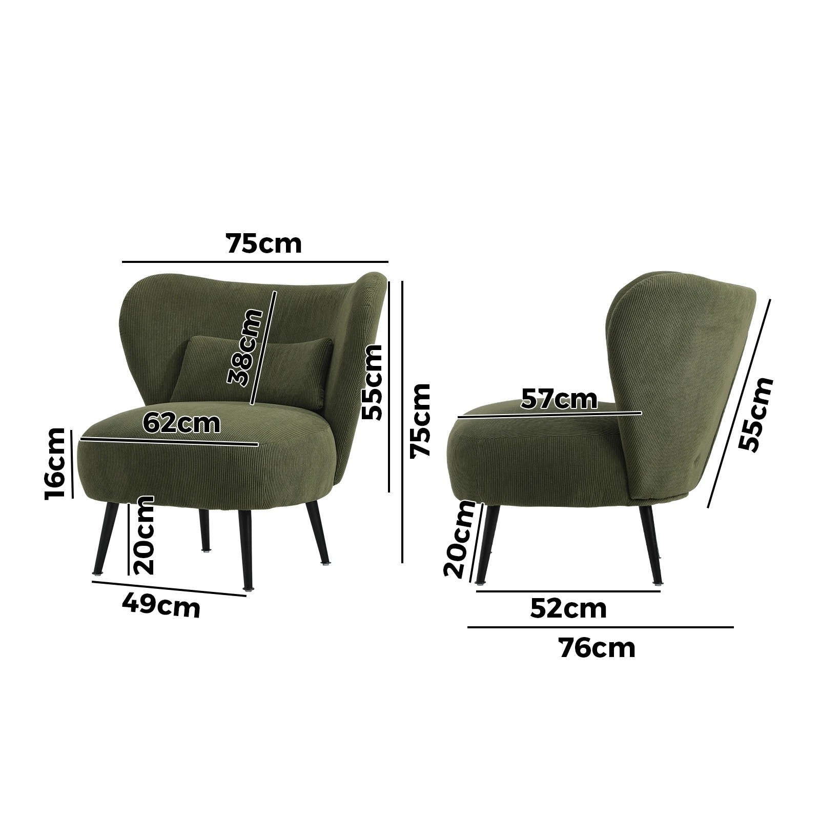 9 Oikiture 2x Armchair Lounge Chair With Lumbar Pillow Wingback Velvet
 - Green, 9 of 10