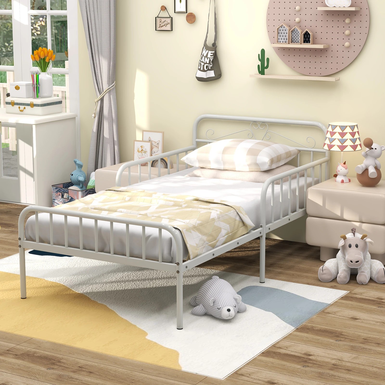 2 Costway Single Metal Bed Frame Modern Platform Bed w/Headboard & Safety Guardrails, 2 of 4
