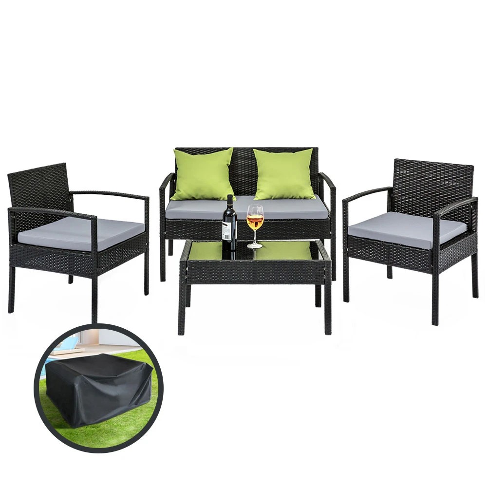 1 Gardeon Outdoor Sofa Set Wicker Lounge Setting Table and Chairs Storage Cover - Black, 1 of 6