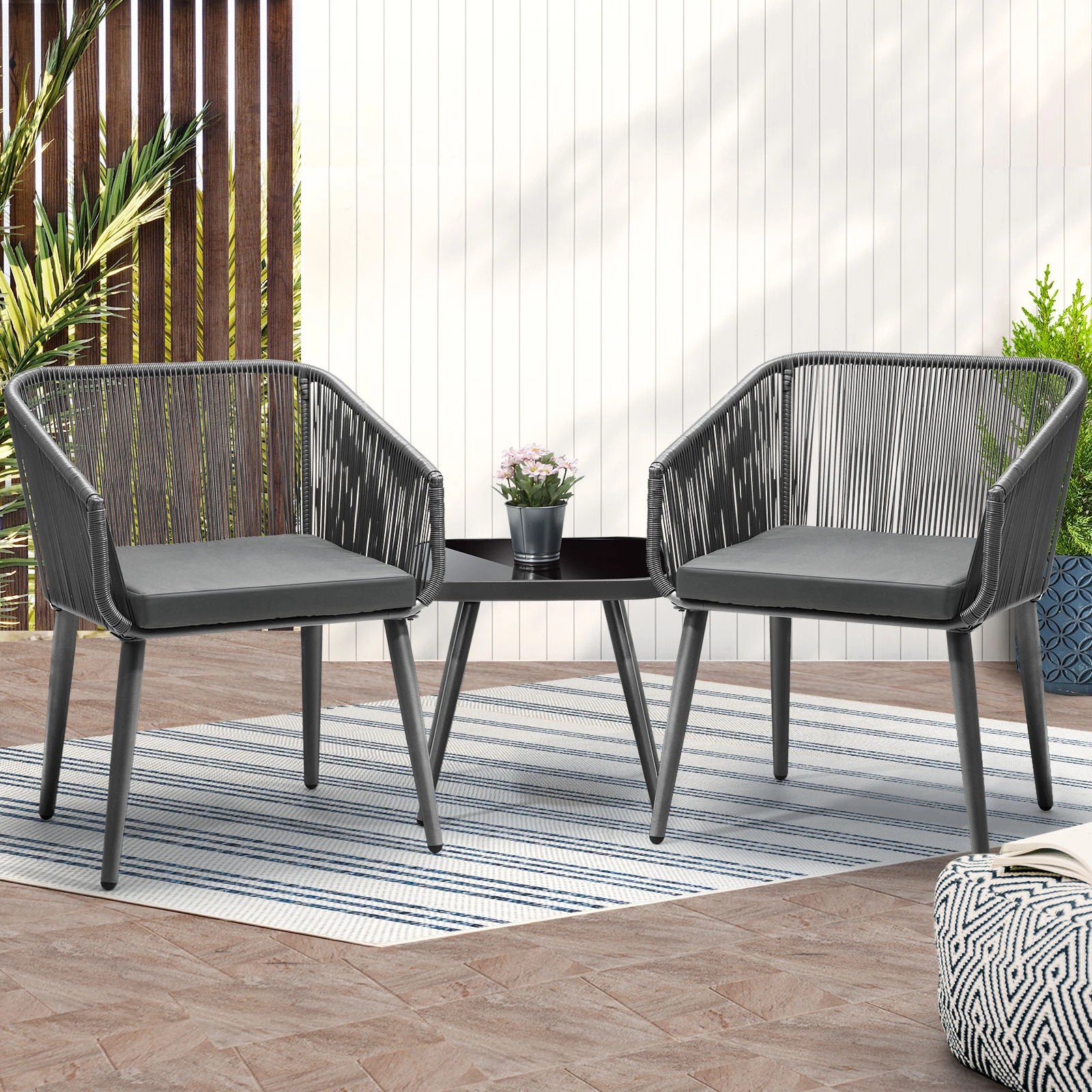 2 Livsip Outdoor Furniture 3 Piece Lounge Setting Chairs Side Table Bistro Set Patio - Grey, 2 of 8