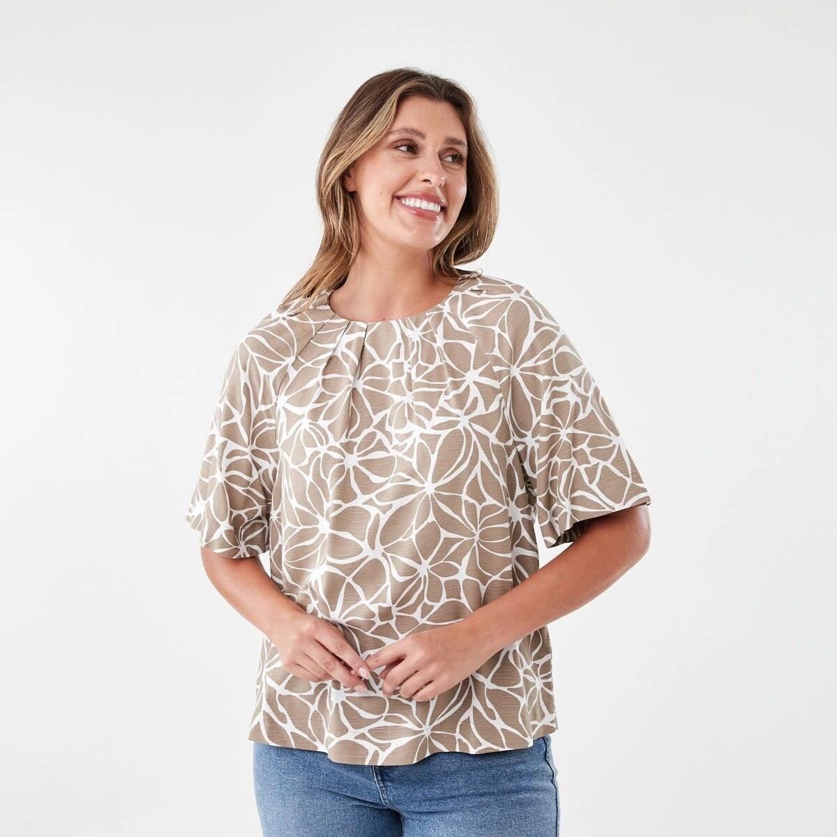 1 Short Sleeve Tuck Top BROKEN FLORAL DUNE BEIGE, 1 of 6