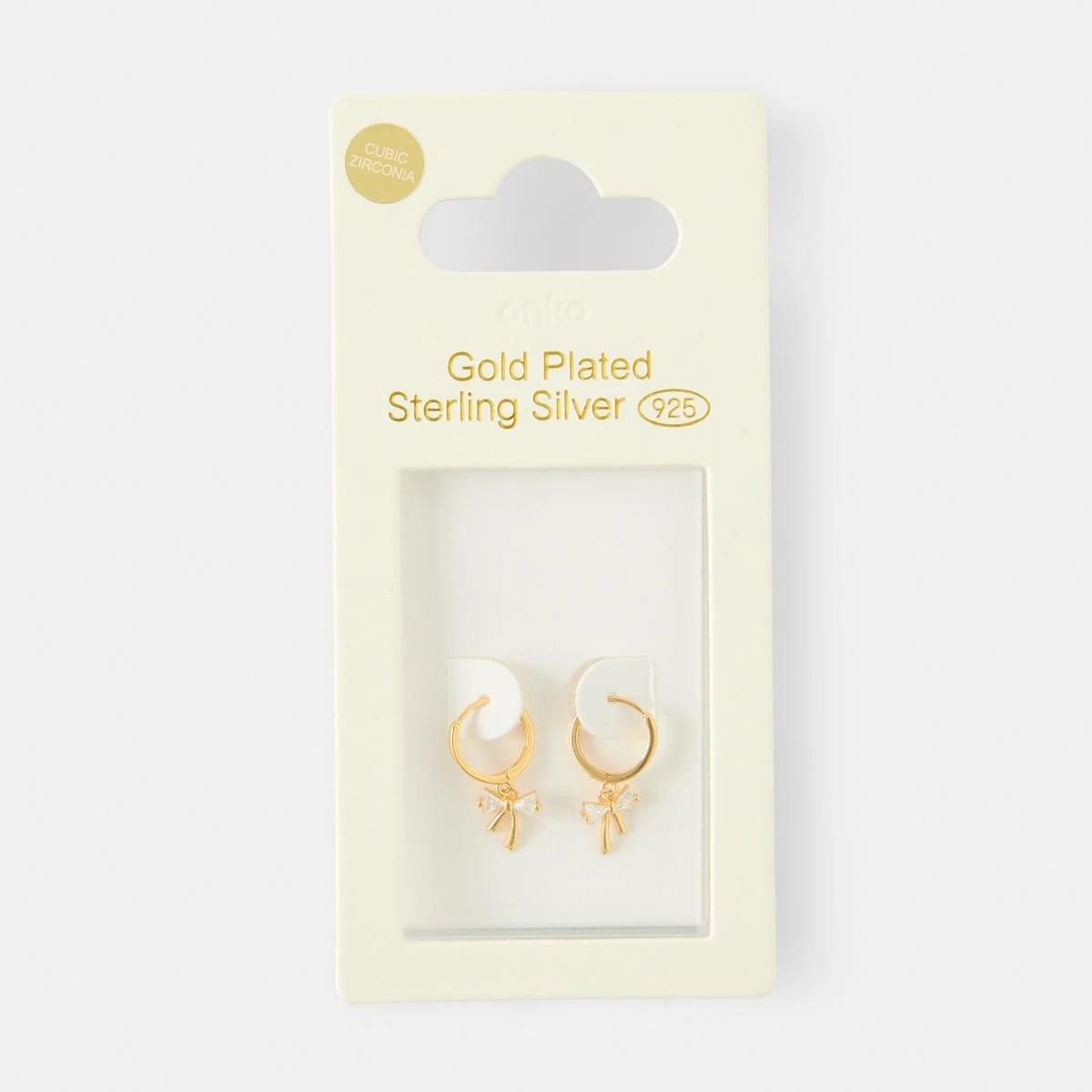 5 Cubic Zirconia Gold Plated Sterling Silver 925 Bow Hoop Earrings Gold, 5 of 5