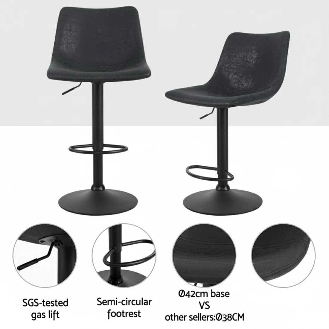 3 Artiss 4x Bar Stools Vintage Leather Swivel Gas Lift - Black, 3 of 5