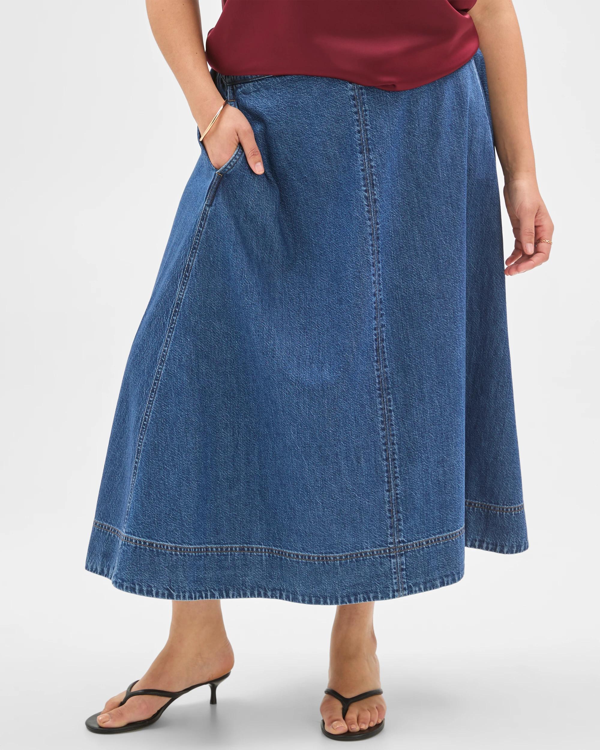 3 Target Curve Plus Size Elasticated Waist Denim Midi Skirt MID WASH, 3 of 7
