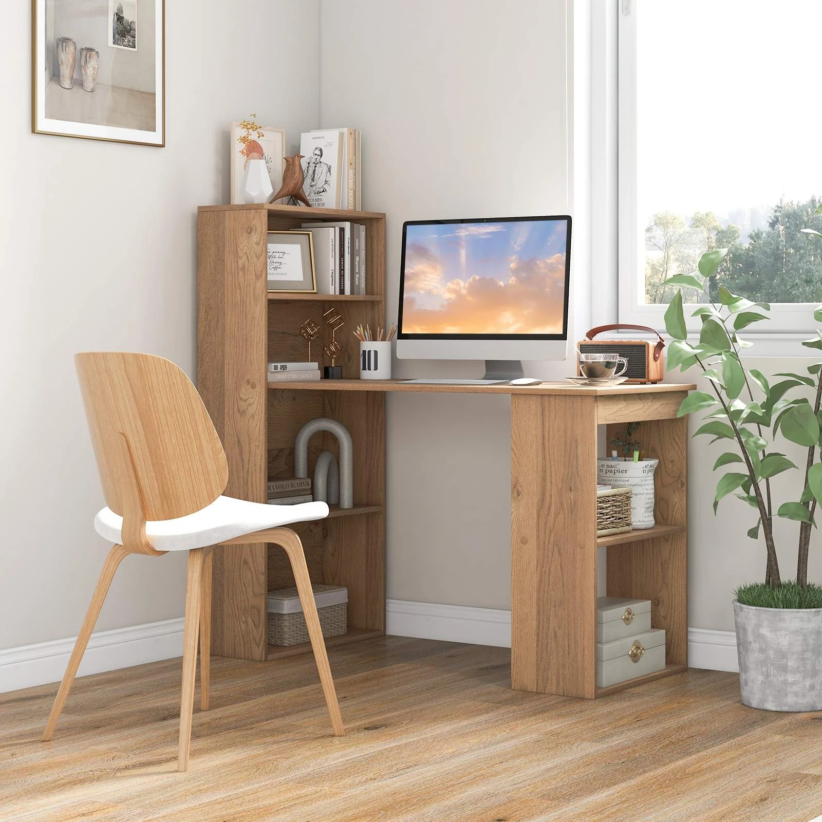 3 Costway 3-in-1 Computer Desk with Bookshelf Reversible Writing Work Table - Natural, 3 of 6
