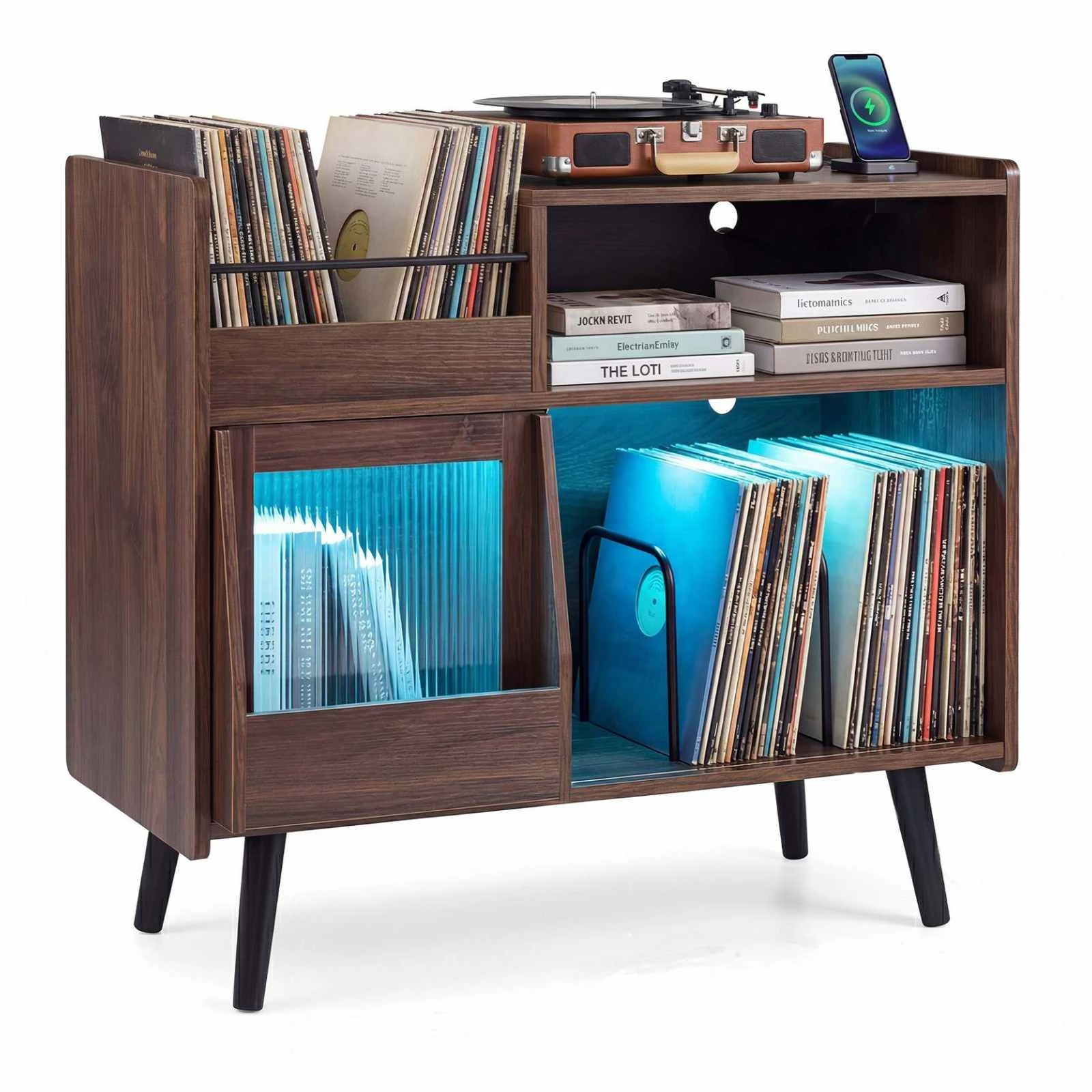 3 Costway LED Record Player Stand Turntable Vinyl Storage Cabinet w/Power Outlets, 3 of 3