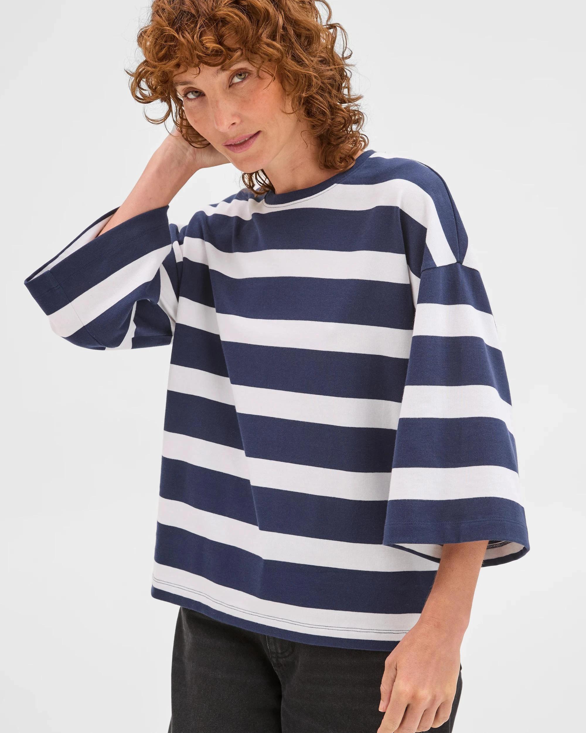 5 Target Woman Australian Cotton 3/4 Length Wide Sleeve Boxy T-Shirt NAVY + WHITE, 5 of 7