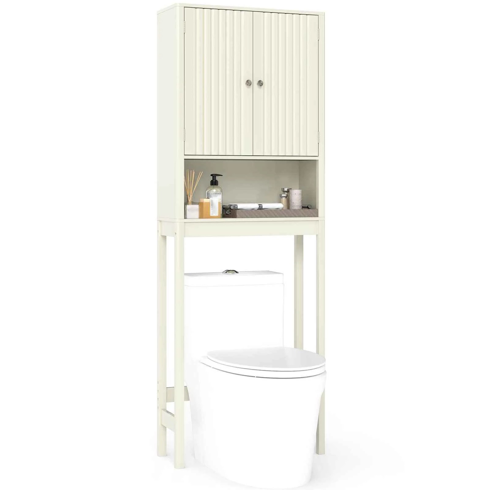 5 Costway Over The Toilet Bathroom Storage Cabinet Freestanding Rack w/Fluted Doors, 5 of 5