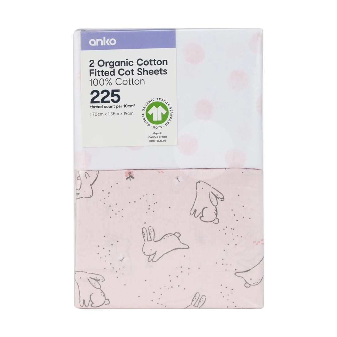 6 2 Pack Organic Cotton Fitted Cot Sheets - Bunny and Spot, 6 of 6
