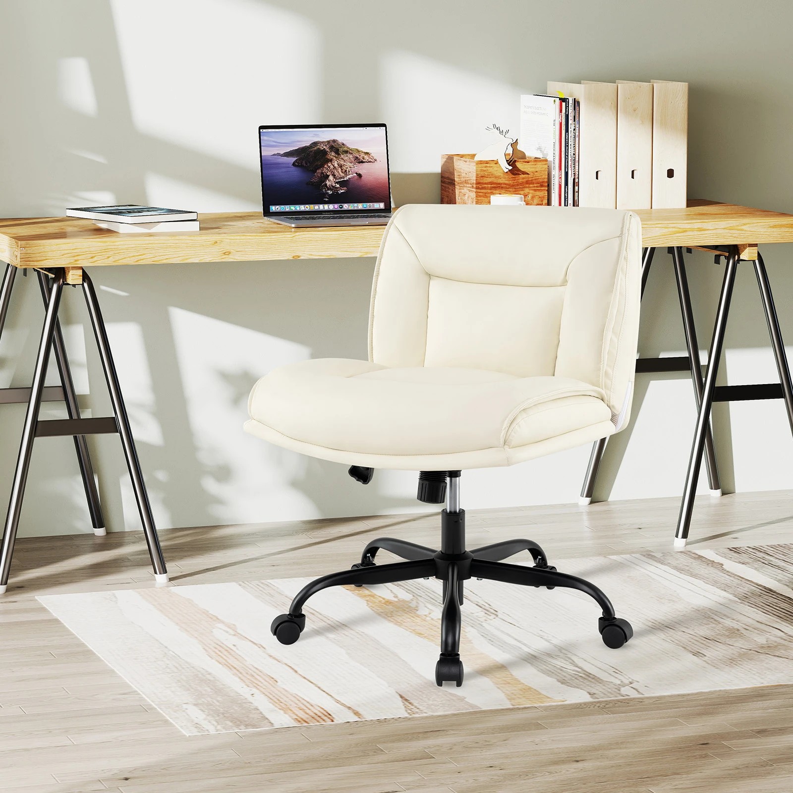 3 Costway Cross Legged Chair Mobile Home Office PU Leather Computer Desk Chair 360° Swivel Chair, 3 of 4