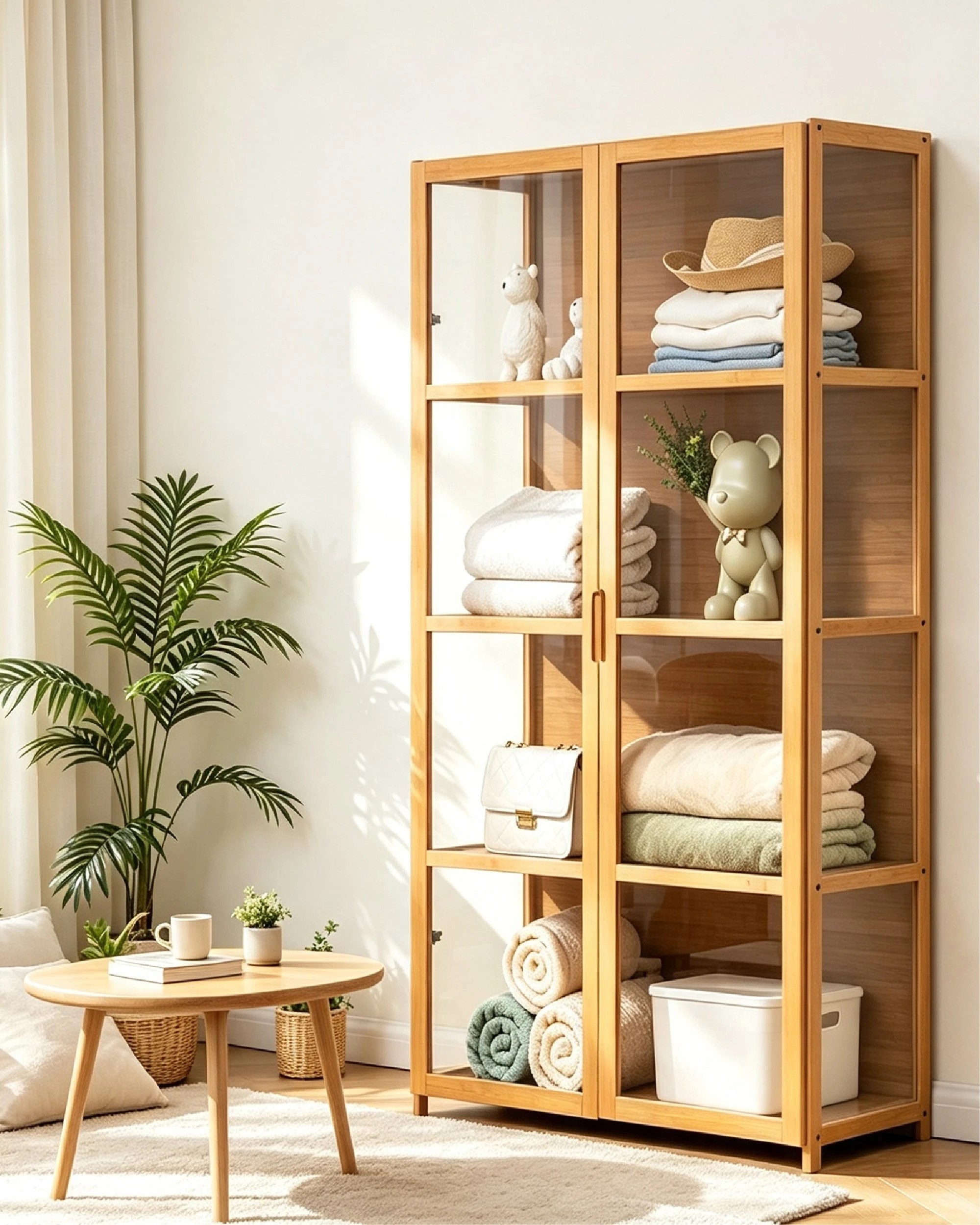 Foret 4tier Bamboo Storage Display Cabinet With Clear Double Doors 82cm ...