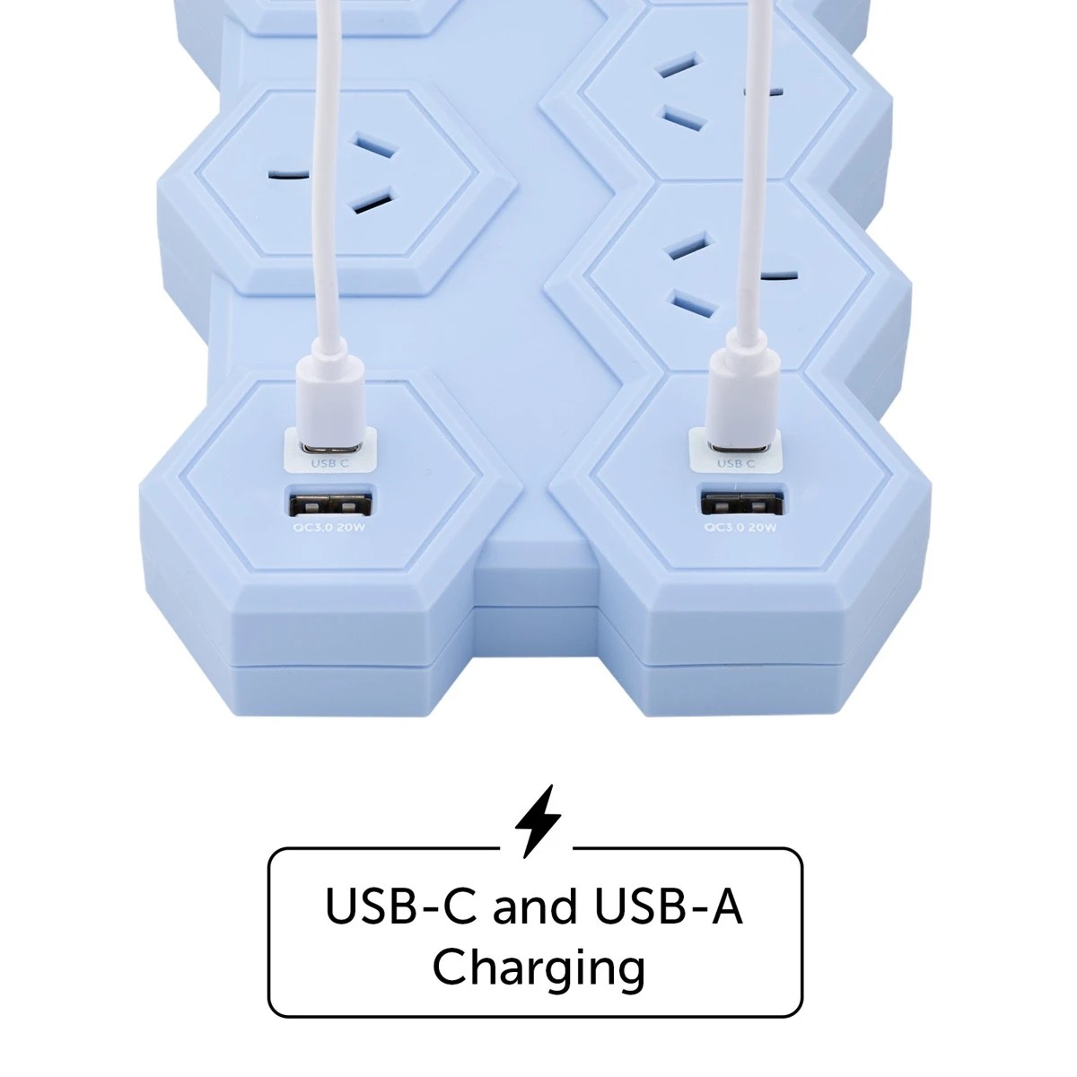 4 Arlec 8 Outlet Hexagon Wide Spaced Outlets & USB A & C Ports Powerboard - Blue, 4 of 7
