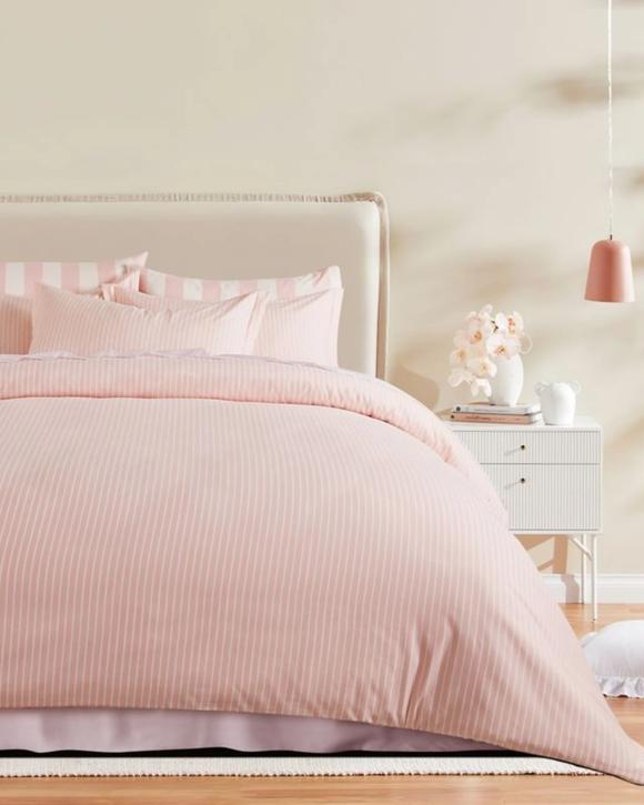 CleverPolly Yarn-Dyed Microfibre Quilt Cover Set Soft - Soft Pink Stripe - Super King Bed