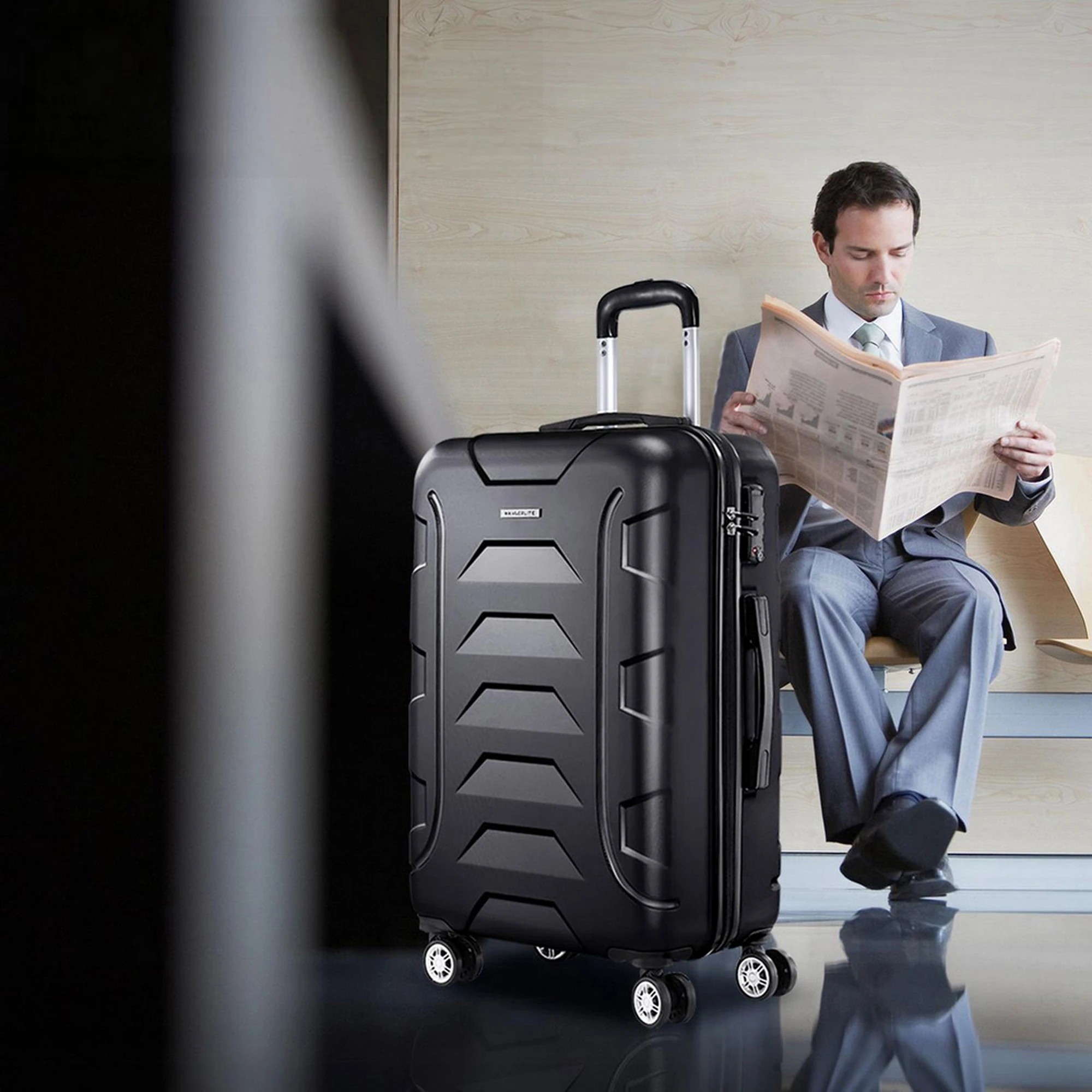 8 Wanderlite 28" 75cm Luggage Trolley Travel Suitcase Set TSA Hard Case Lightweight Strap - Black, 8 of 8