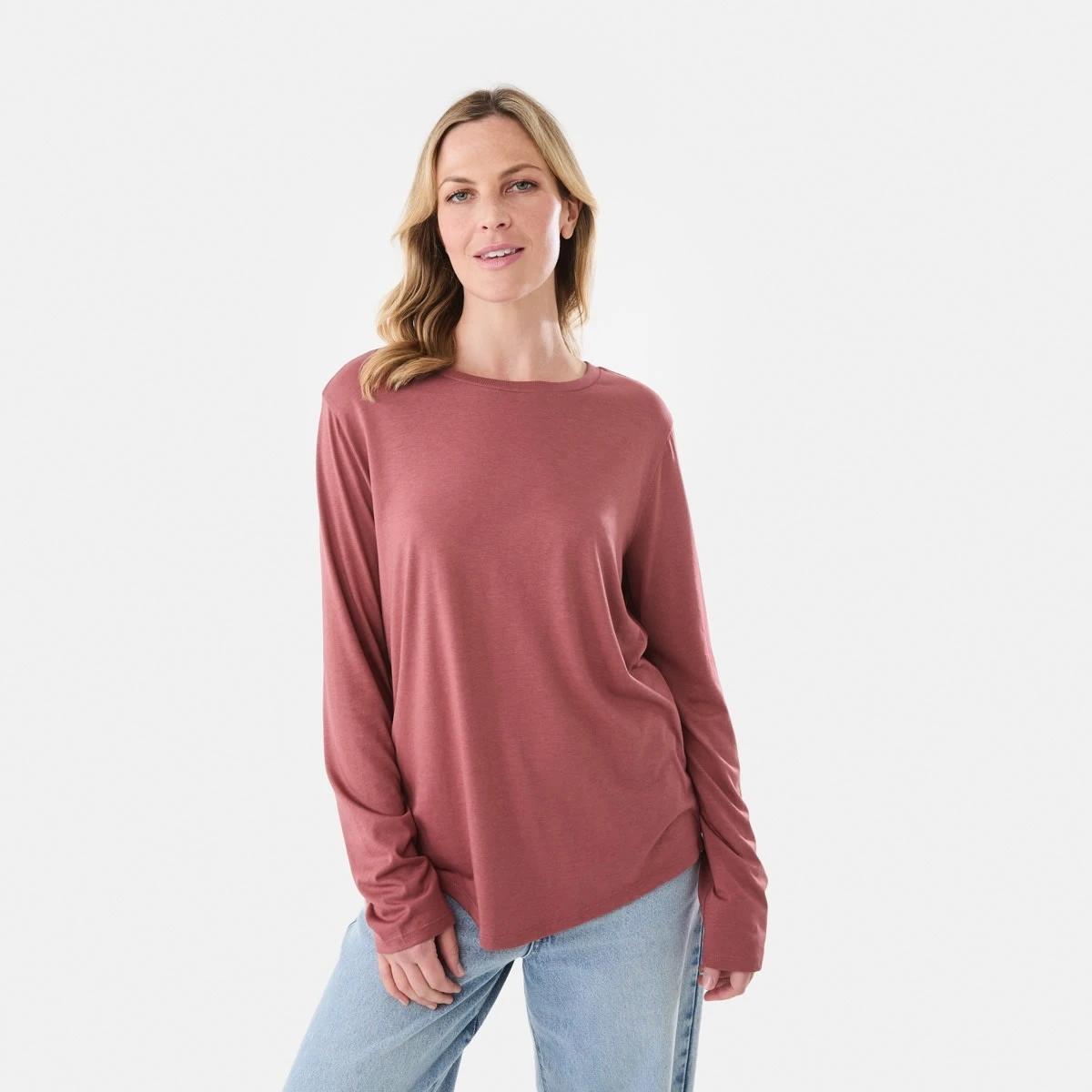 1 Long Sleeve Cotton Modal T-shirt DRIED RED, 1 of 5