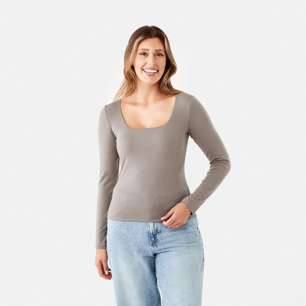 1 Long Sleeve Square Neck Top Taupe Brn, 1 of 7