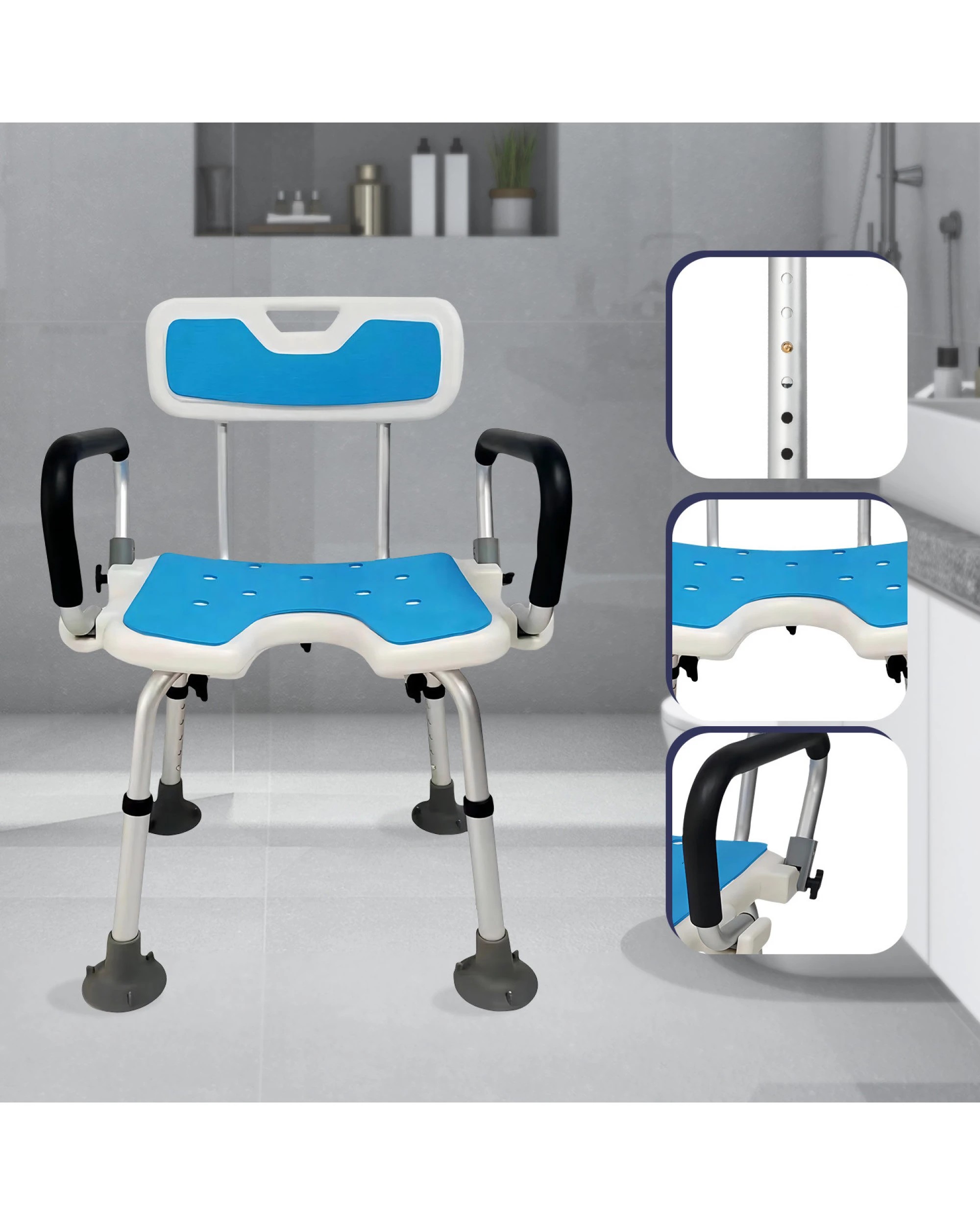 3 Orthonica Shower Chair with Adjustable Armrests Bathroom Aid Bath Tub Stool Seat - Blue, 3 of 9