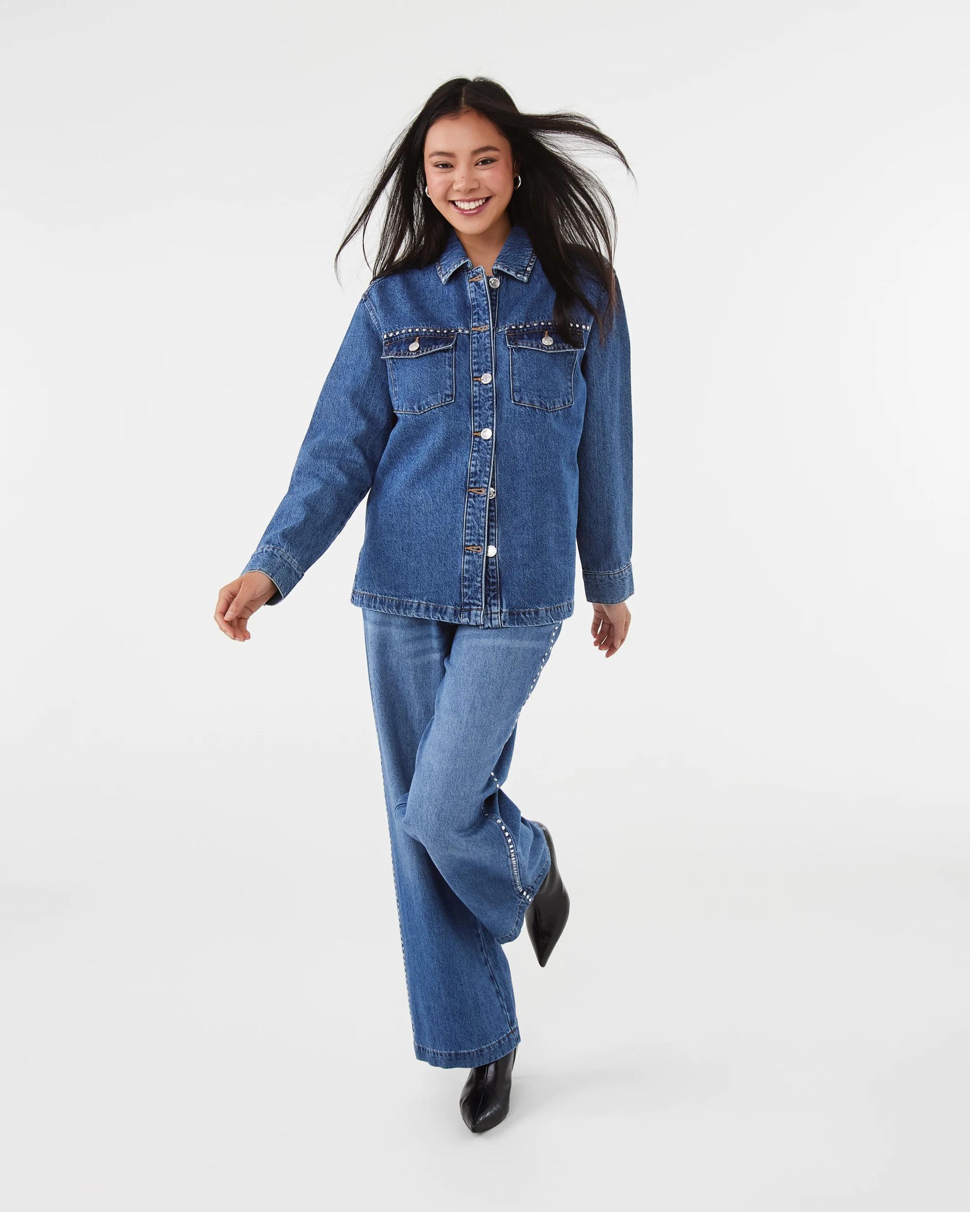 2 Long Sleeve Studded Denim Shirt Mid Wash, 2 of 9