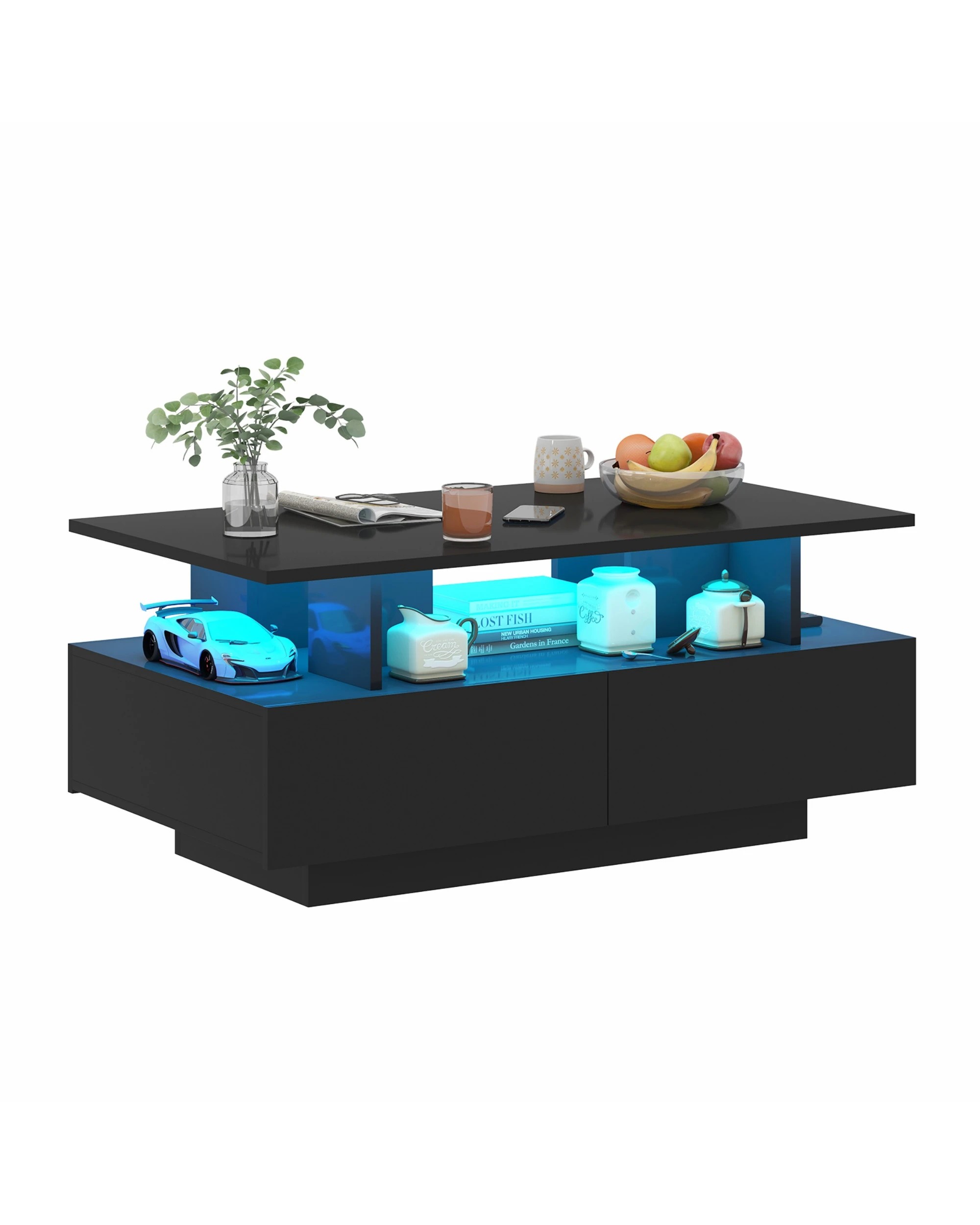 9 Advwin LED Coffee Table w/ 4 Storage Drawers High Gloss Central Table w/ Open Display Shelf, 9 of 9
