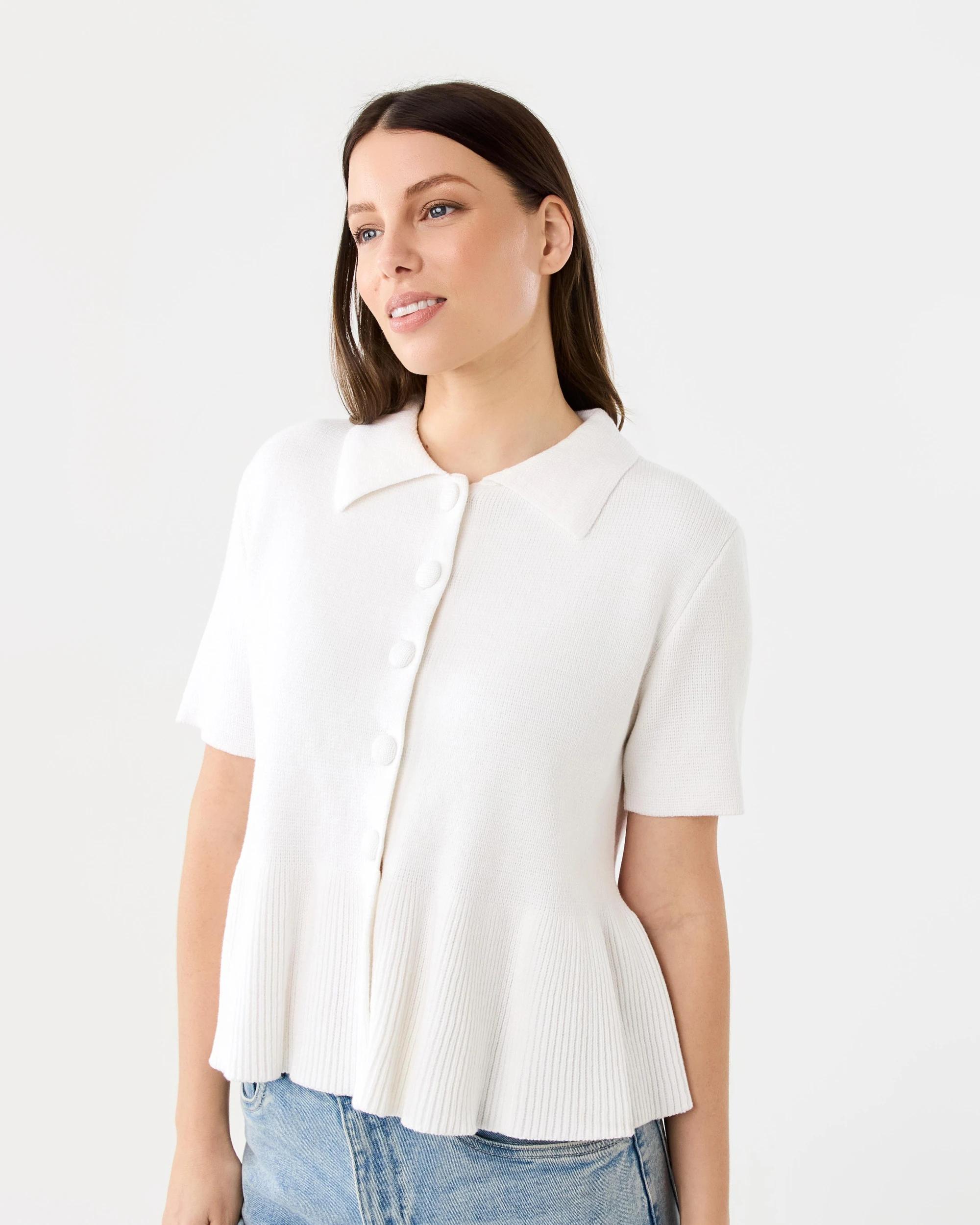 2 Short Sleeve Peplum Knit Cardigan White, 2 of 7