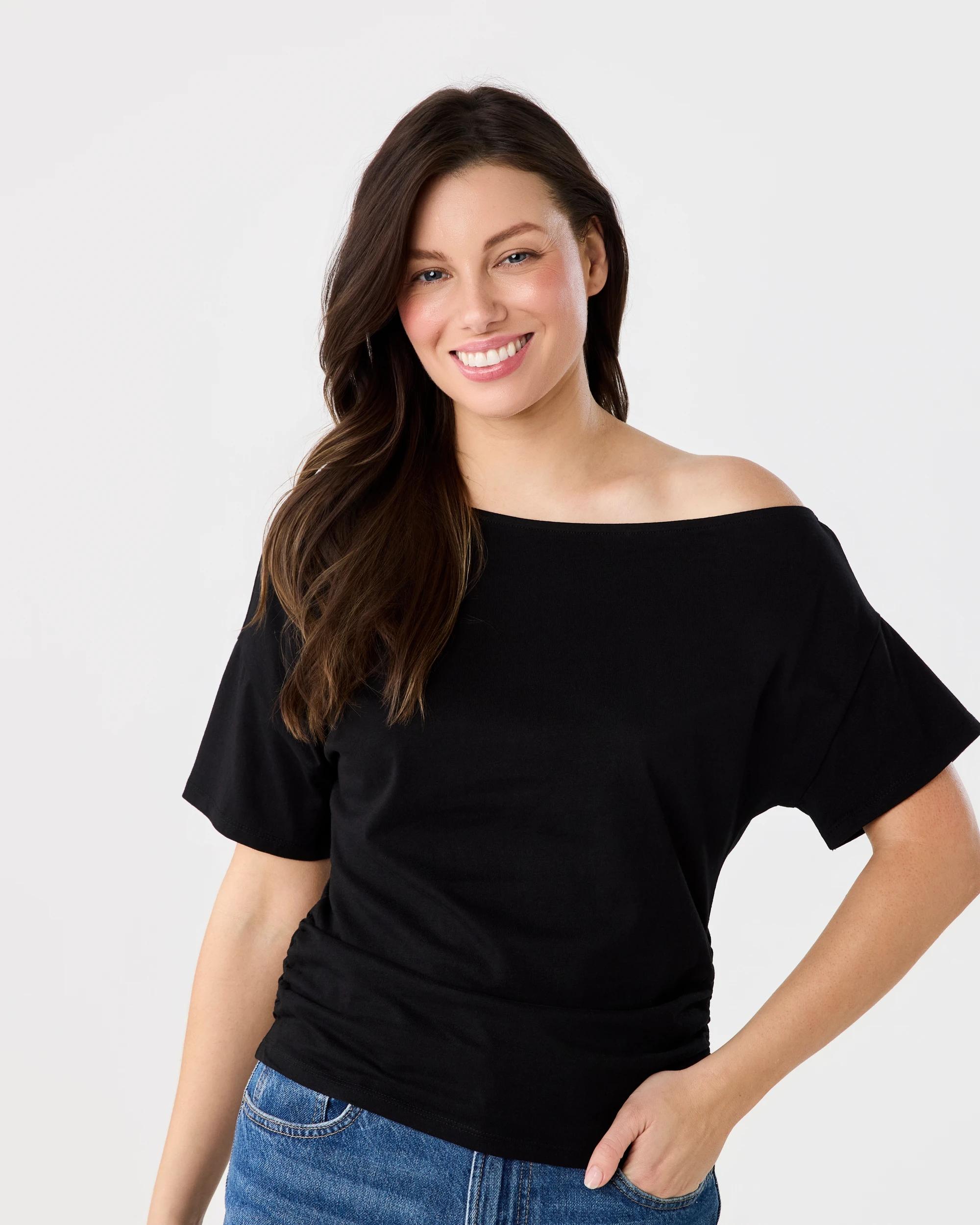 1 Short Sleeve Off Shoulder T-shirt Black, 1 of 6