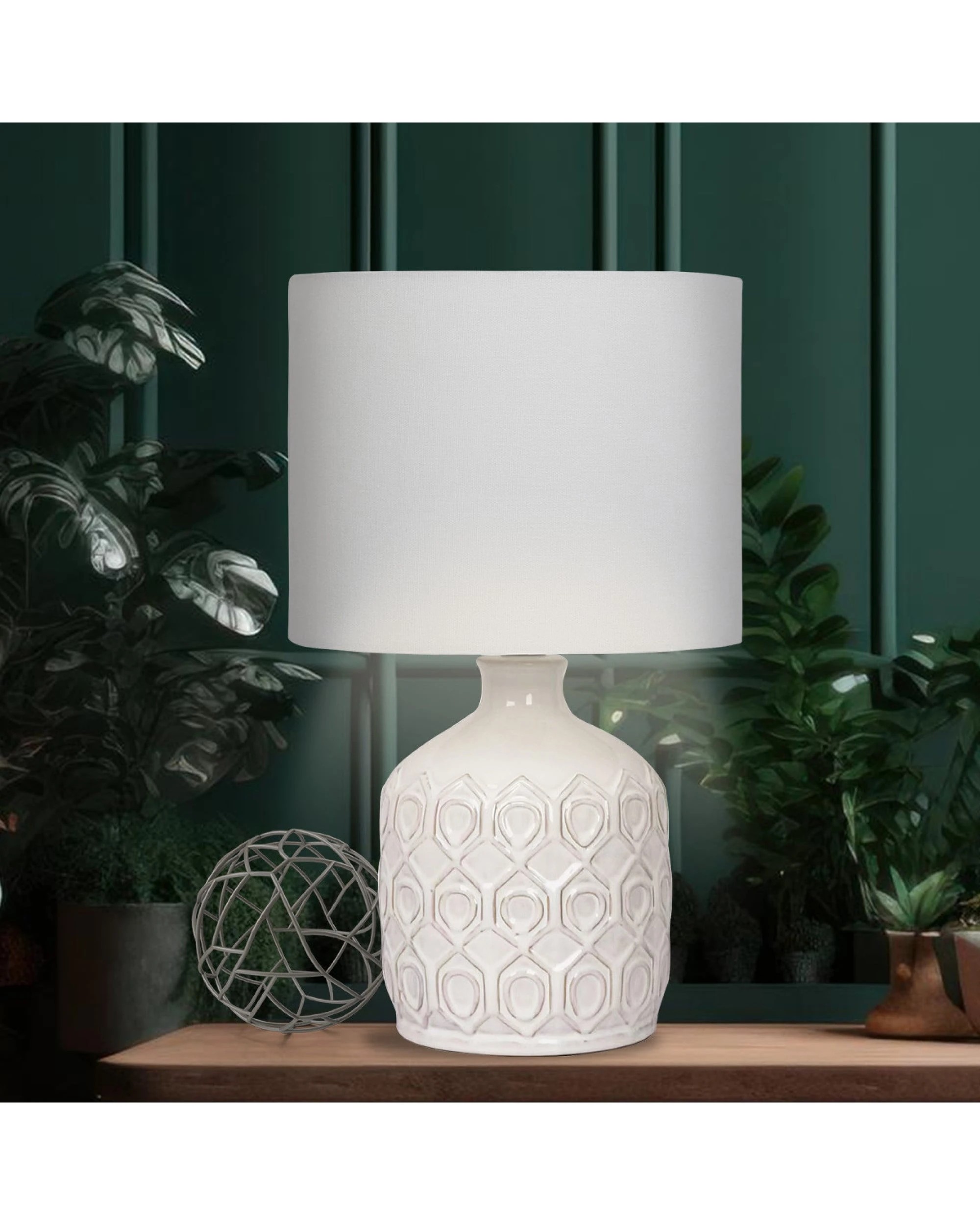 2 Sarantino Cream Ceramic Table Lamp with White Fabric Shade, Antique Herringbone Patterned Bedside Light, 2 of 5