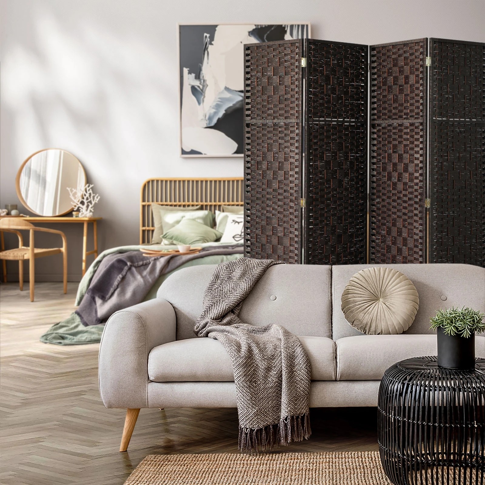 4 Oikiture 4 Panel Room Divider Screen Privacy Dividers - Brown, 4 of 8